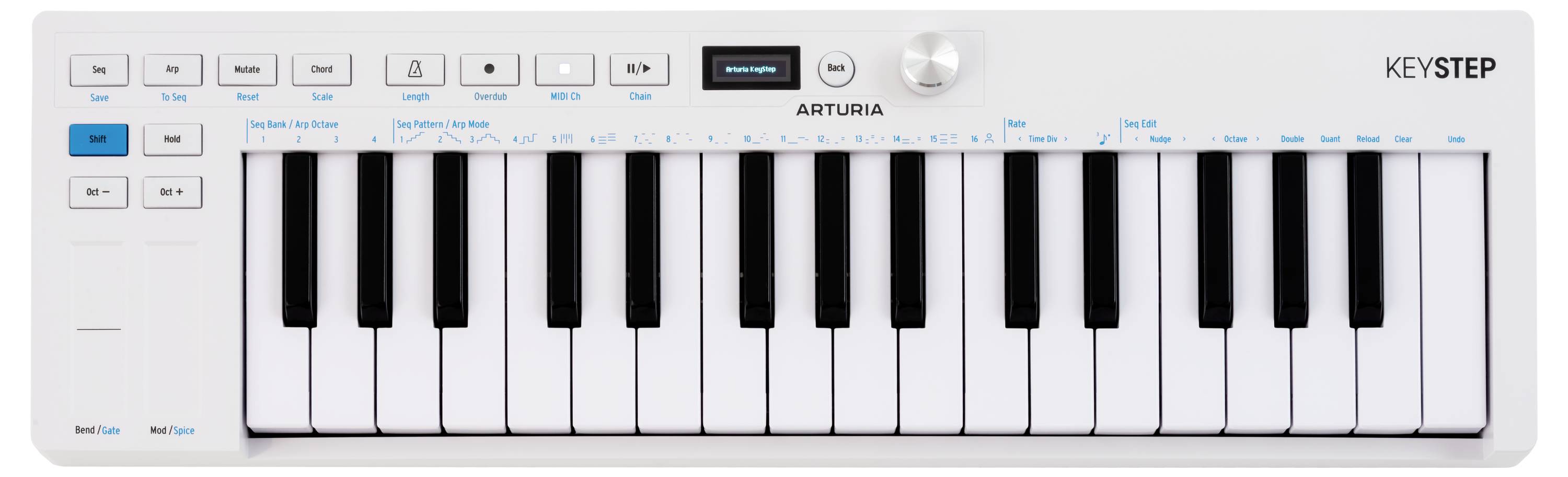 Ein kompaktes MIDI-Keyboard mit 32 Tasten und Bedienungstasten, bezeichnet als 'Arturia Keystep', das für Musikproduktion und Auftritte verwendet wird.