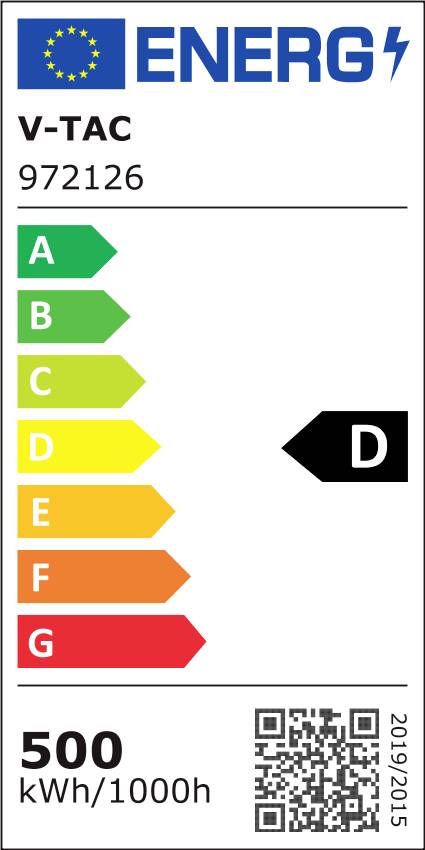 Energieeffizienzlabel für V-TAC-Modell 972126. Mit D bewertet auf Skala von A bis G. Jährlicher Energieverbrauch: 500 kWh/1000h. EU-Flagge abgebildet.