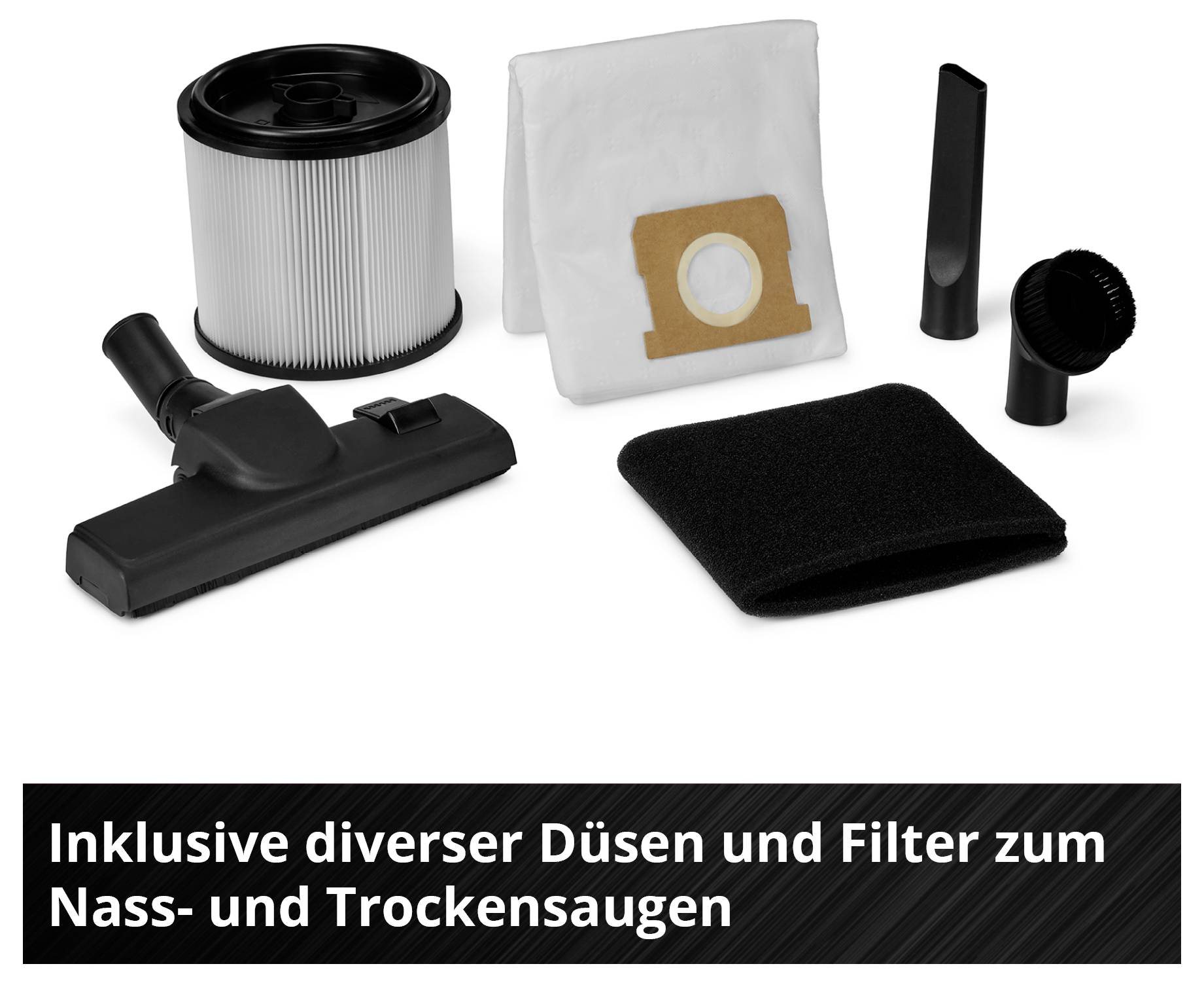 Verschiedene Düsen und Filter für Nass- und Trockensauger, inklusive Boden- und Fugendüse, Bürstenkopf, Filter und Staubbeutel.