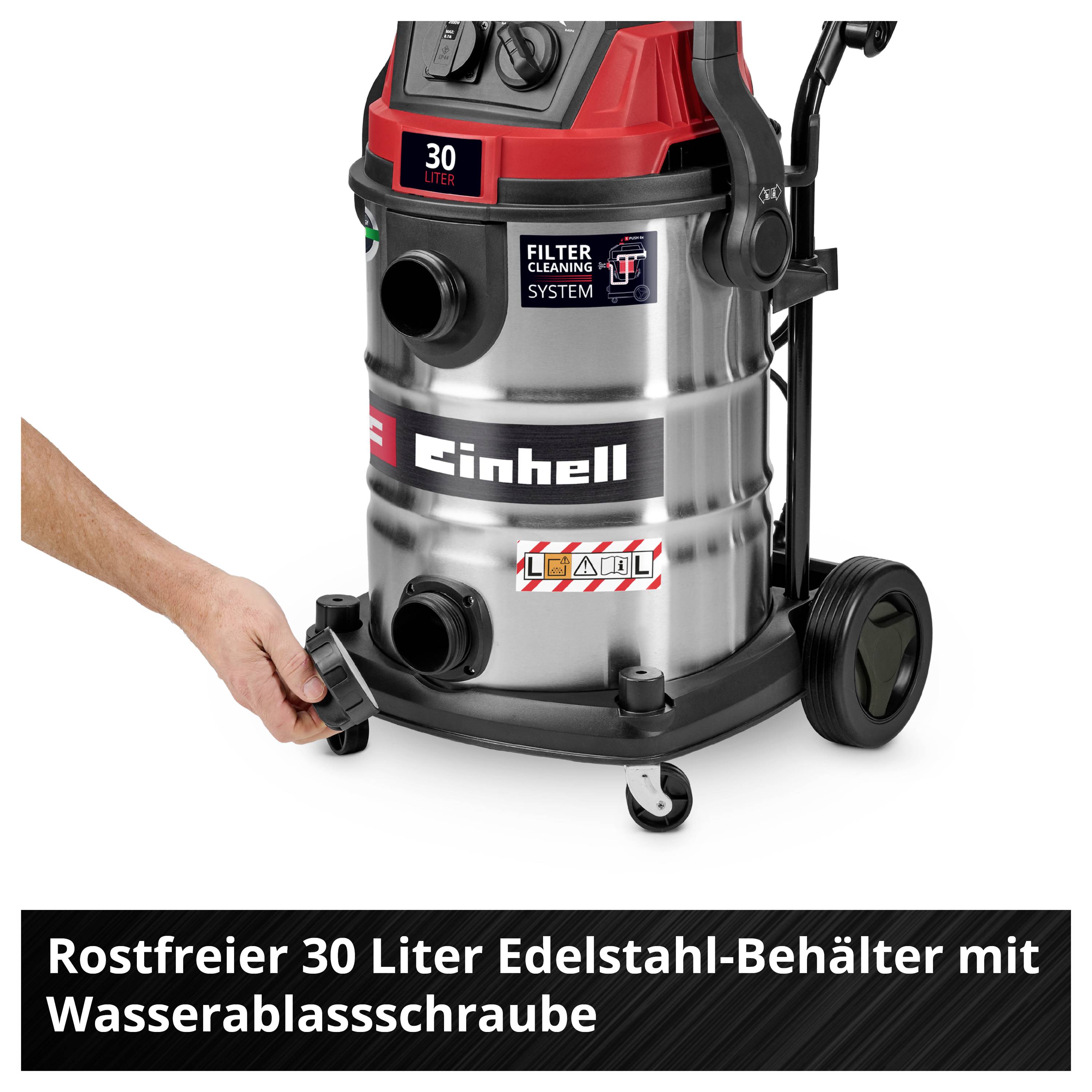 Industriesauger mit Edelstahlbehälter, 30 Liter Kapazität, Rollen und Wasserablassschraube; Einhandbedienung demonstriert.