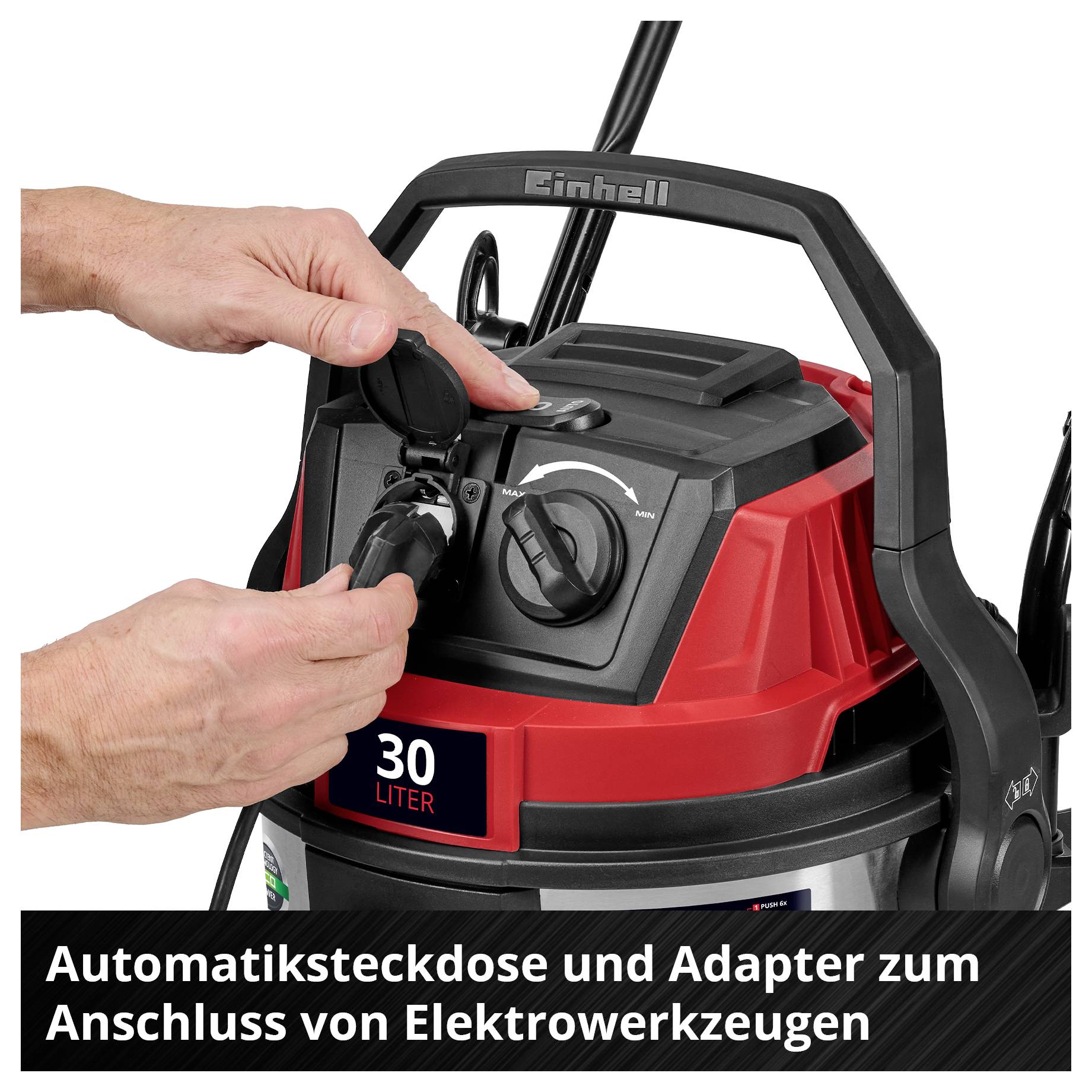 Einhell Staubsauger mit Automatiksteckdose, Adapter wird angeschlossen, geeignet zum Betrieb von Elektrowerkzeugen, 30 Liter.