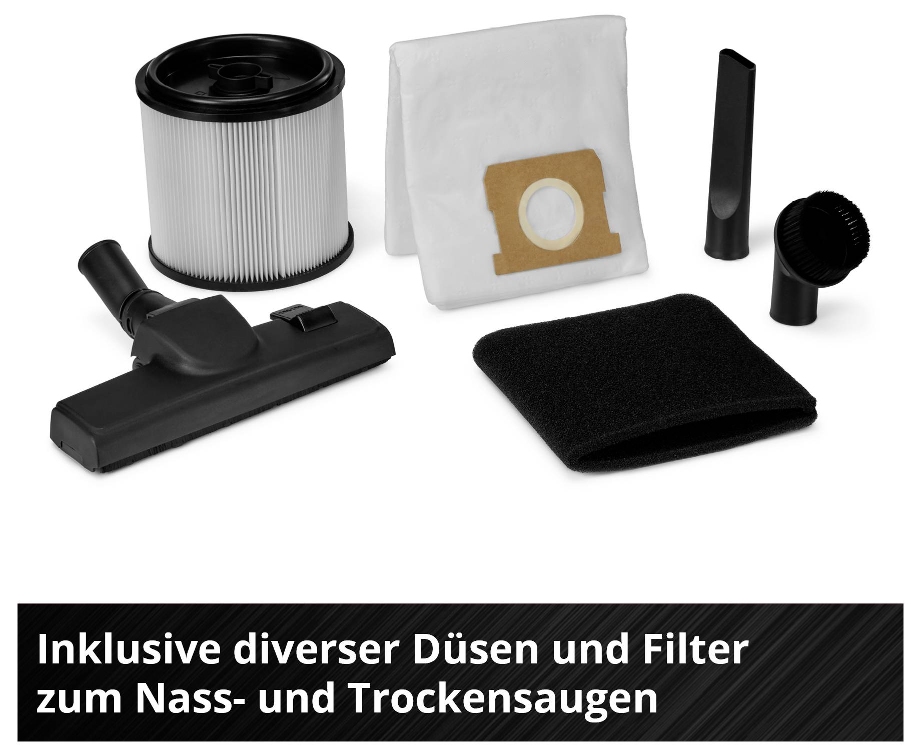 Mehrere Staubsaugerdüsen und Filter für Nass- und Trockensaugen. Enthalten sind eine Bodendüse, Faltenfilter, Beutel und Saugaufsätze.