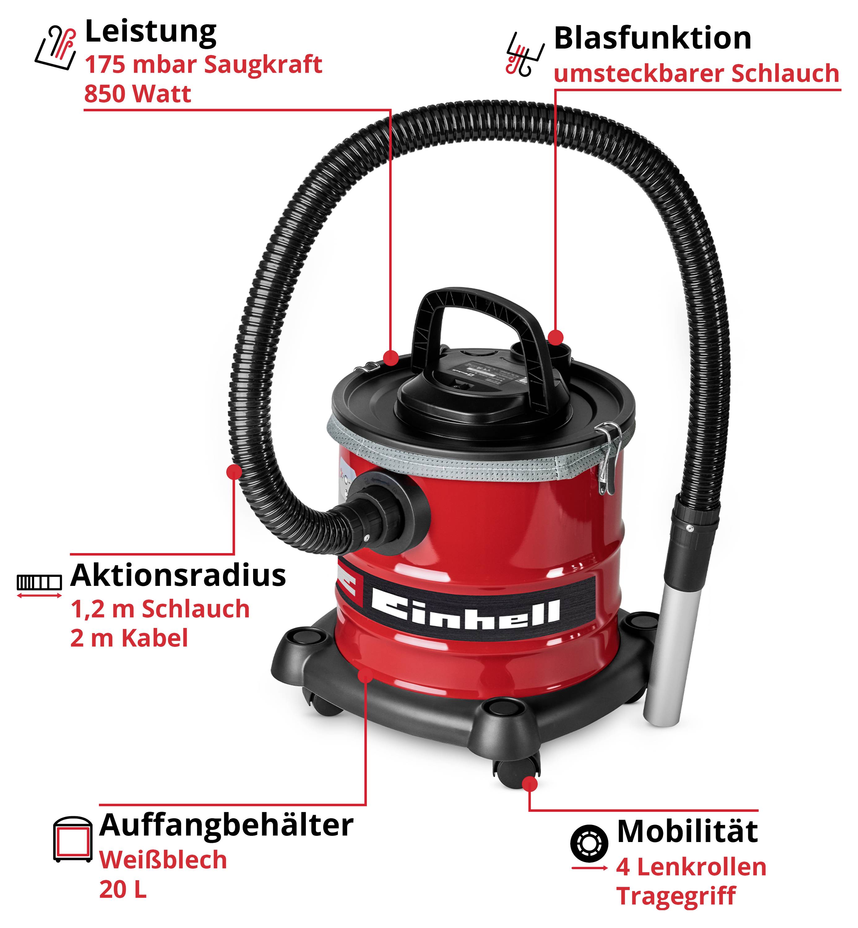Staubsauger mit 850 Watt Leistung, 175 mbar Saugkraft, Blasfunktion, 1,2 m Schlauch, 2 m Kabel, 20 L Behälter, 4 Rollen.