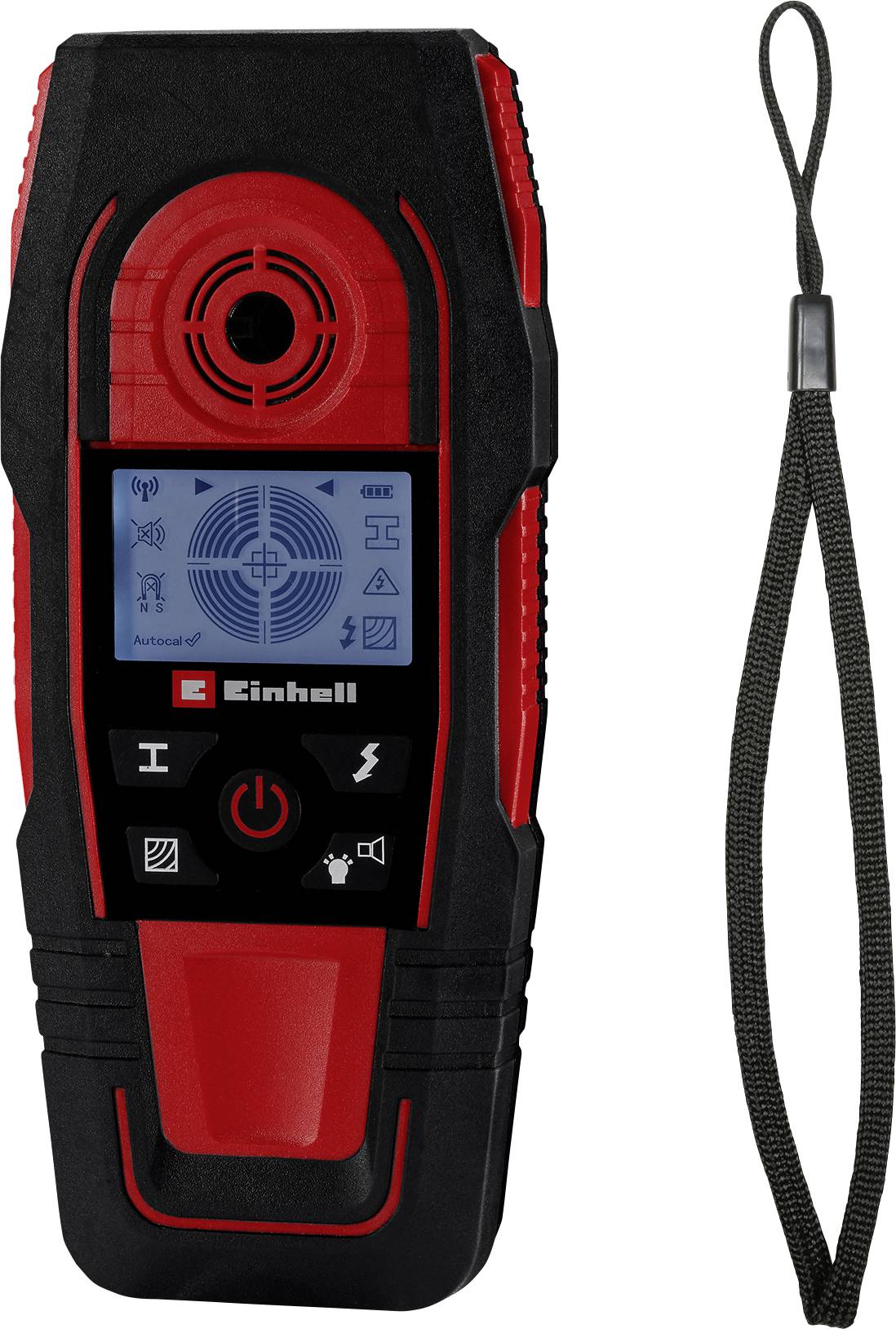 Ein tragbarer Wandscanner mit digitalem Display und verschiedenen Erkennungsmodi. Enthält Tasten zur Modustauswahl und einen schwarzen Handgelenkgurt.