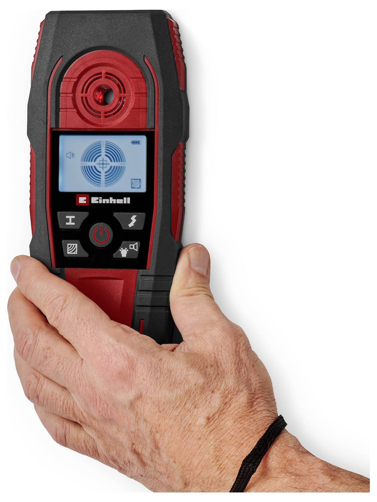 Eine Hand, die einen roten und schwarzen digitalen Ortungsscanner hält, mit einem Display, das eine Zielgrafik zeigt und damit die Objekterkennung signalisiert.