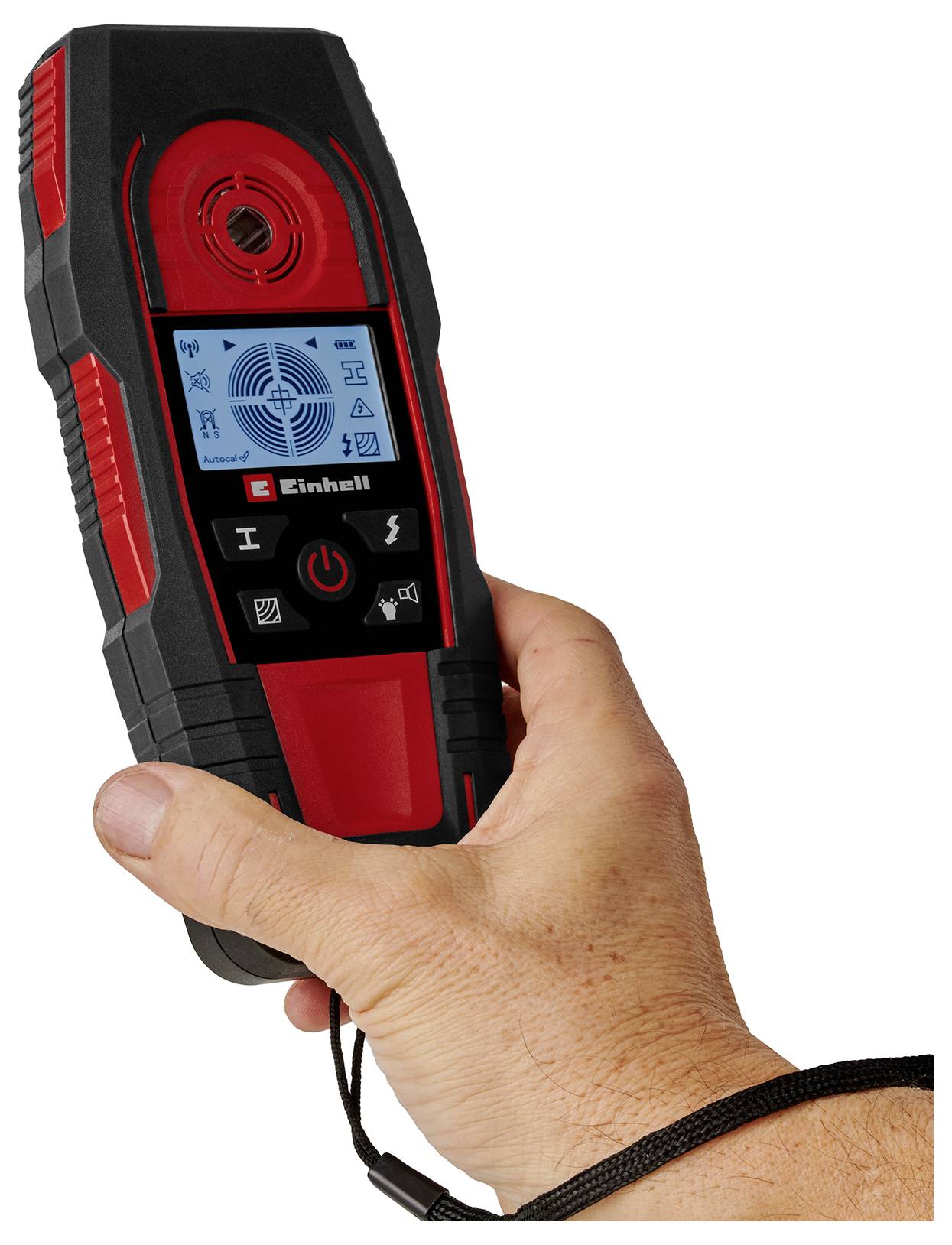 Eine Hand hält einen roten und schwarzen elektronischen Ortungsgerät für Unterputzdosen mit einer digitalen Anzeige, die Detektions-Symbole und den Batteriestand zeigt.