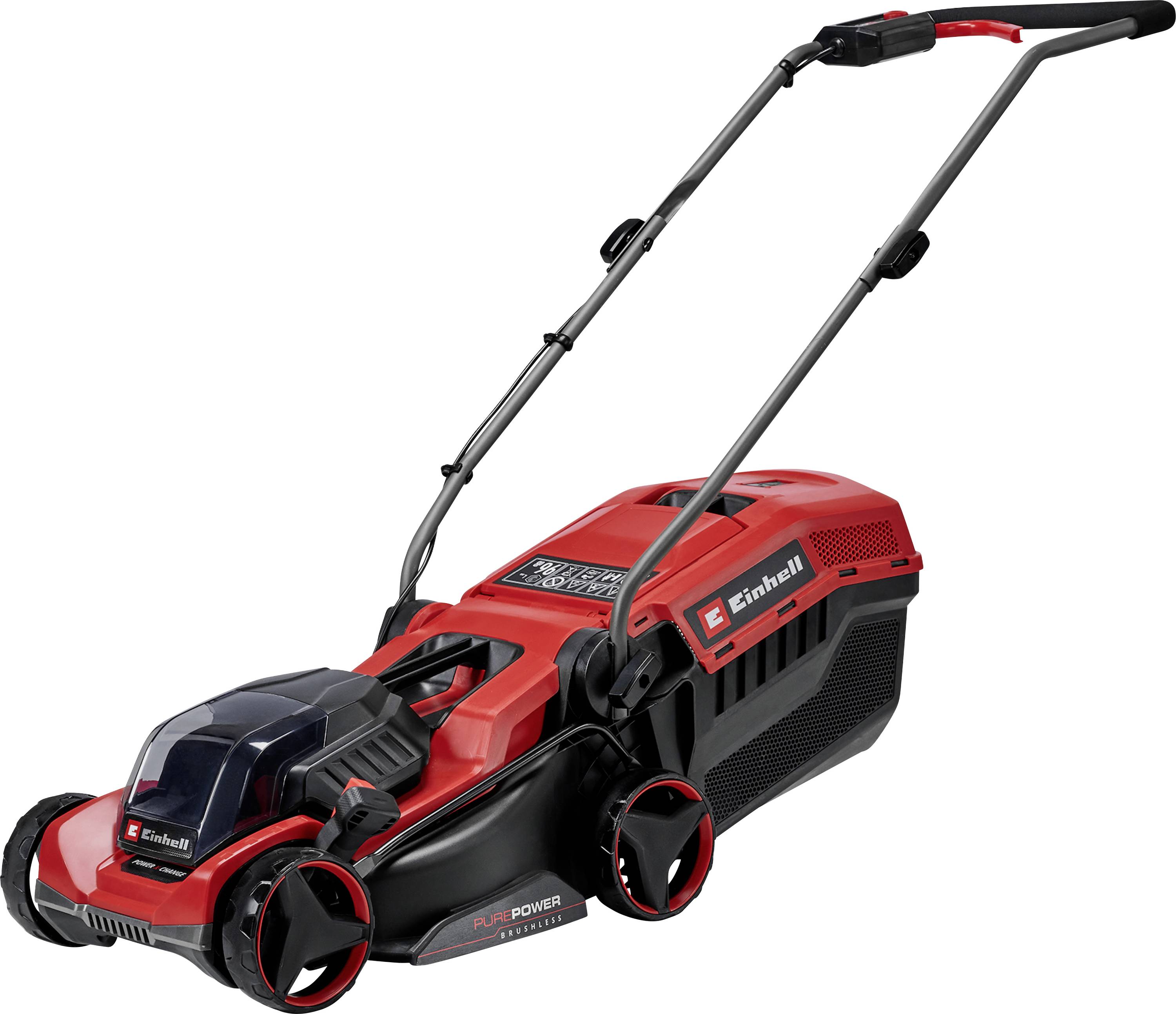 Ein rot-schwarzer elektrischer Rasenmäher mit Schubgriff, großen Hinterrädern und einem Grasfangkorb.