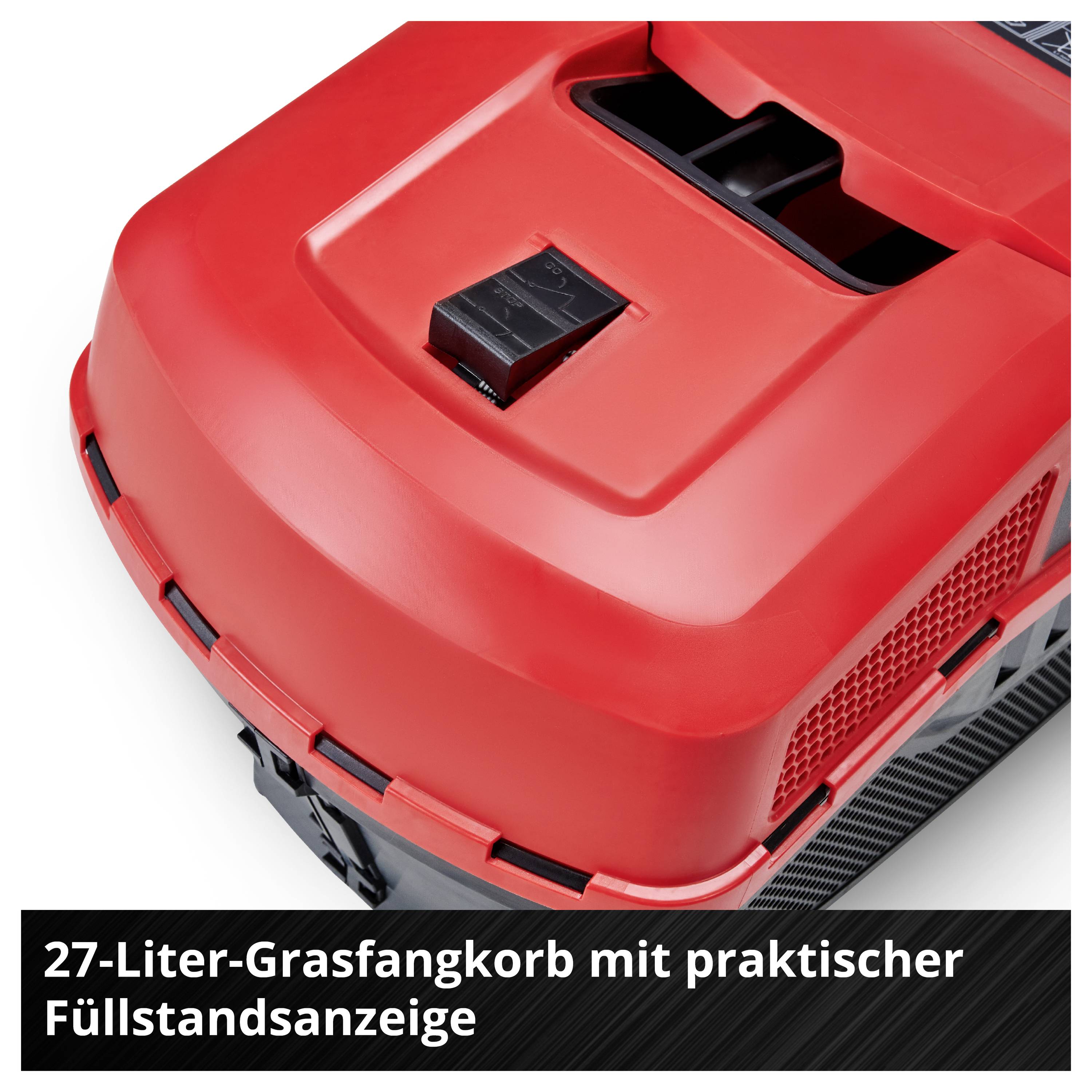 '27-Liter-Grasfangkorb mit praktischer Füllstandsanzeige' steht auf rotem Rasenmäher-Teil mit Anzeige.