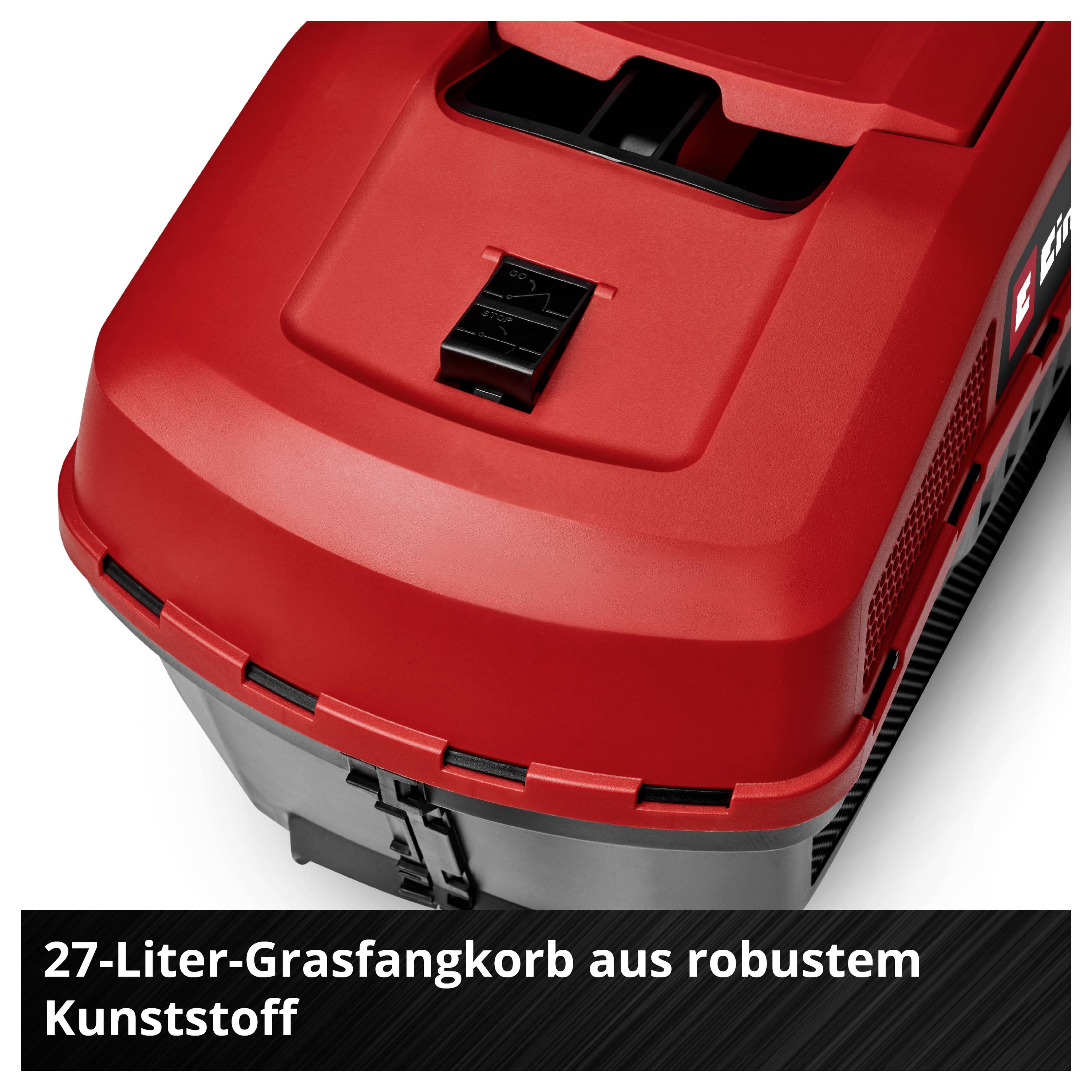 Roter 27-Liter-Grasfangkorb aus robustem Kunststoff.