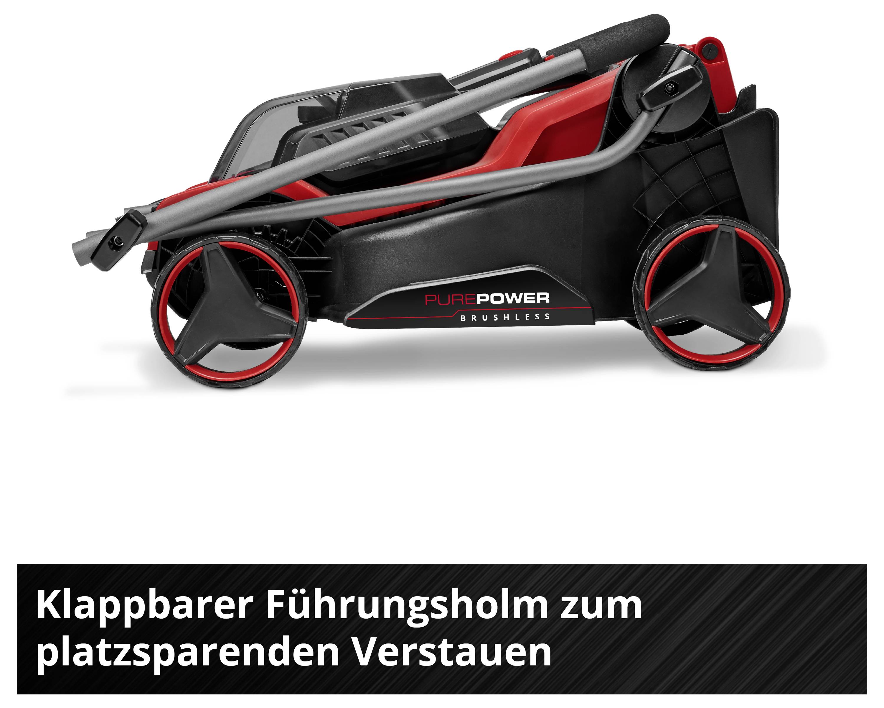 'Klappbarer Führungsholm zum platzsparenden Verstauen.' Schwarzer und roter Rasenmäher, zusammengeklappt, zeigt kompakte Lagerung.