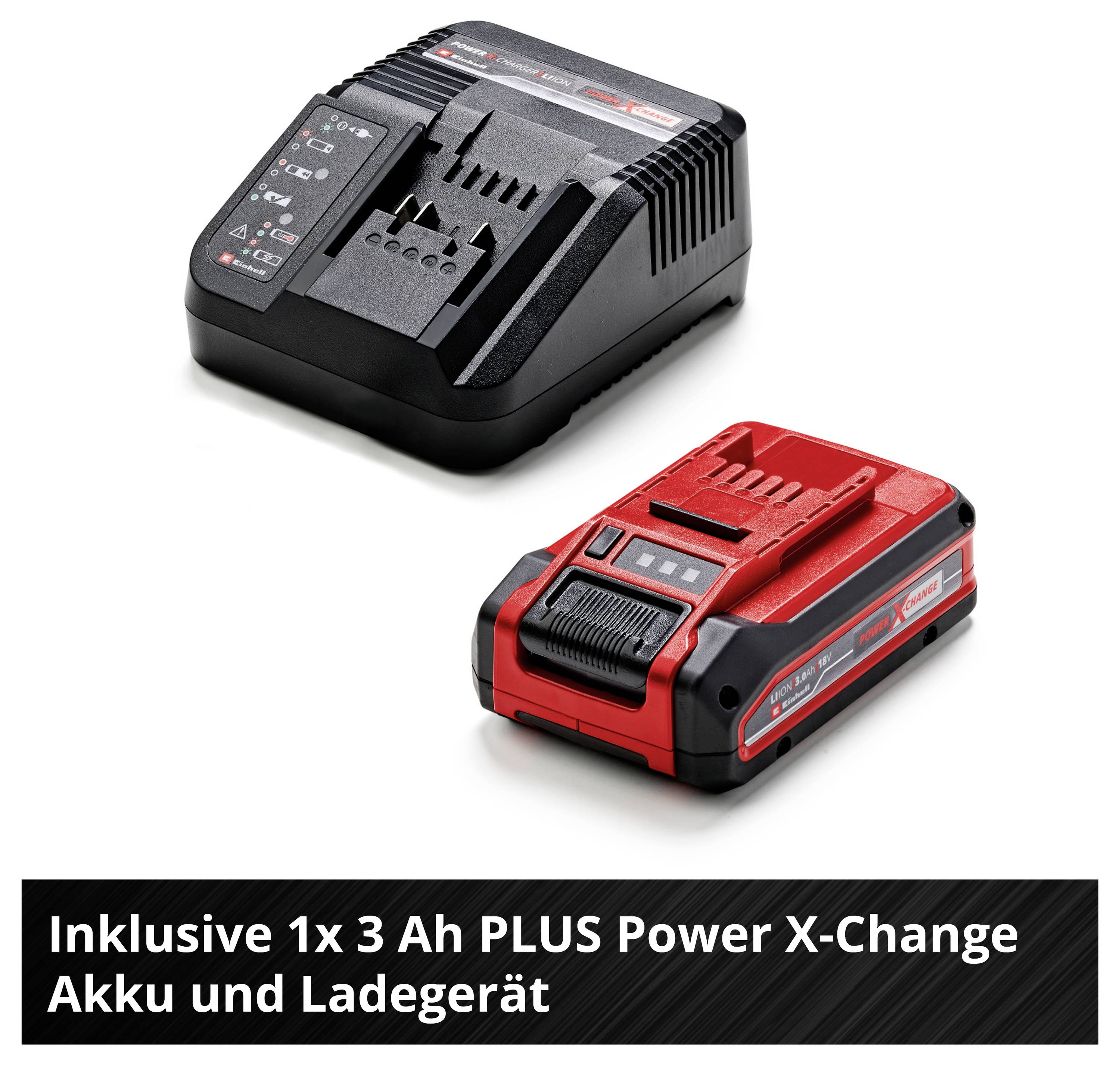 Ein schwarzes Ladegerät und ein rotes Akkupack der Marke Power X-Change. Text: 'Inklusive 1x 3 Ah PLUS Power X-Change Akku und Ladegerät'.