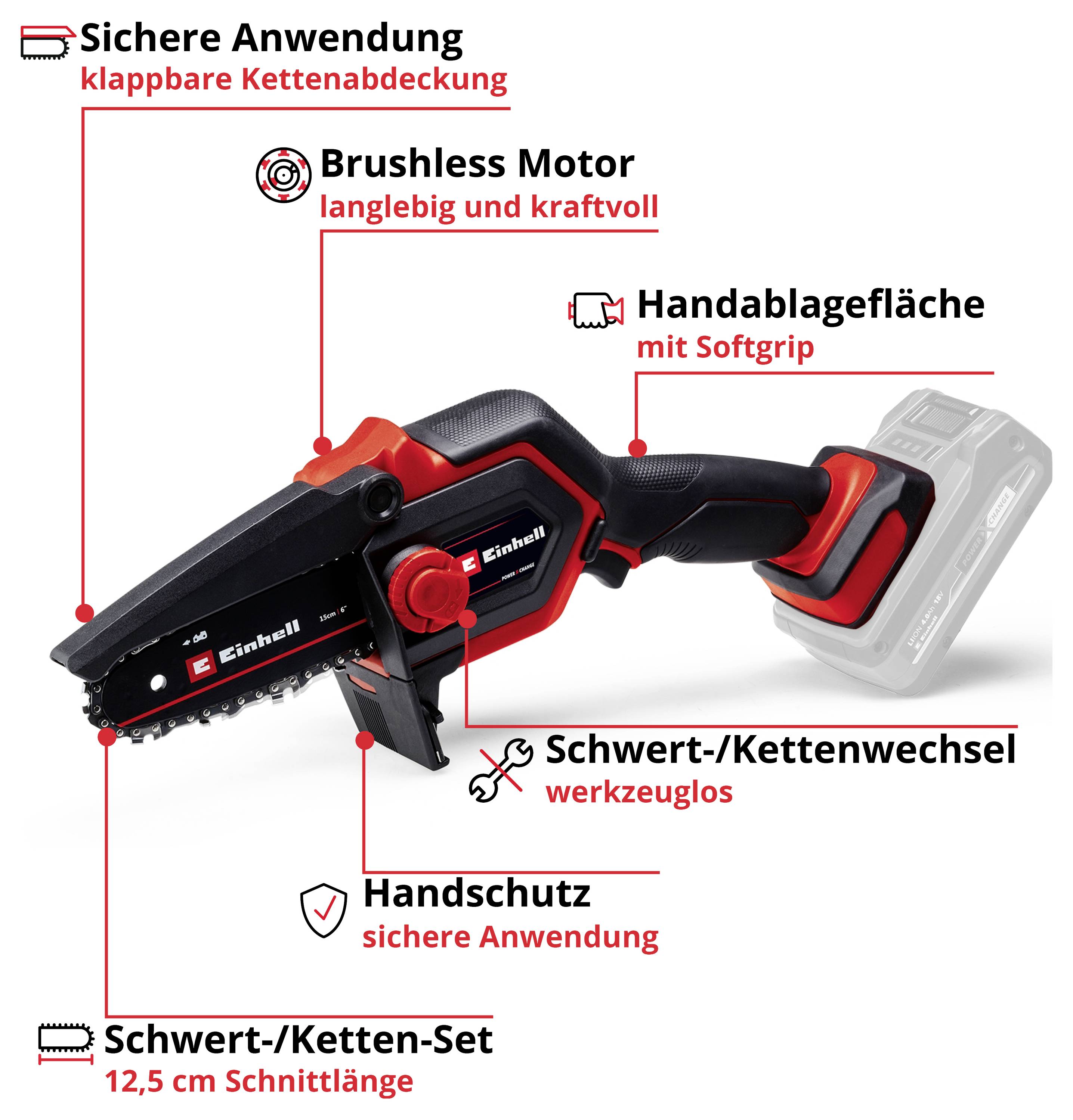 Akkukettensäge mit Brushless Motor, Handablagefläche, klappbare Kettenabdeckung, 12,5 cm Schwert, leichter Schwert-/Kettenwechsel.