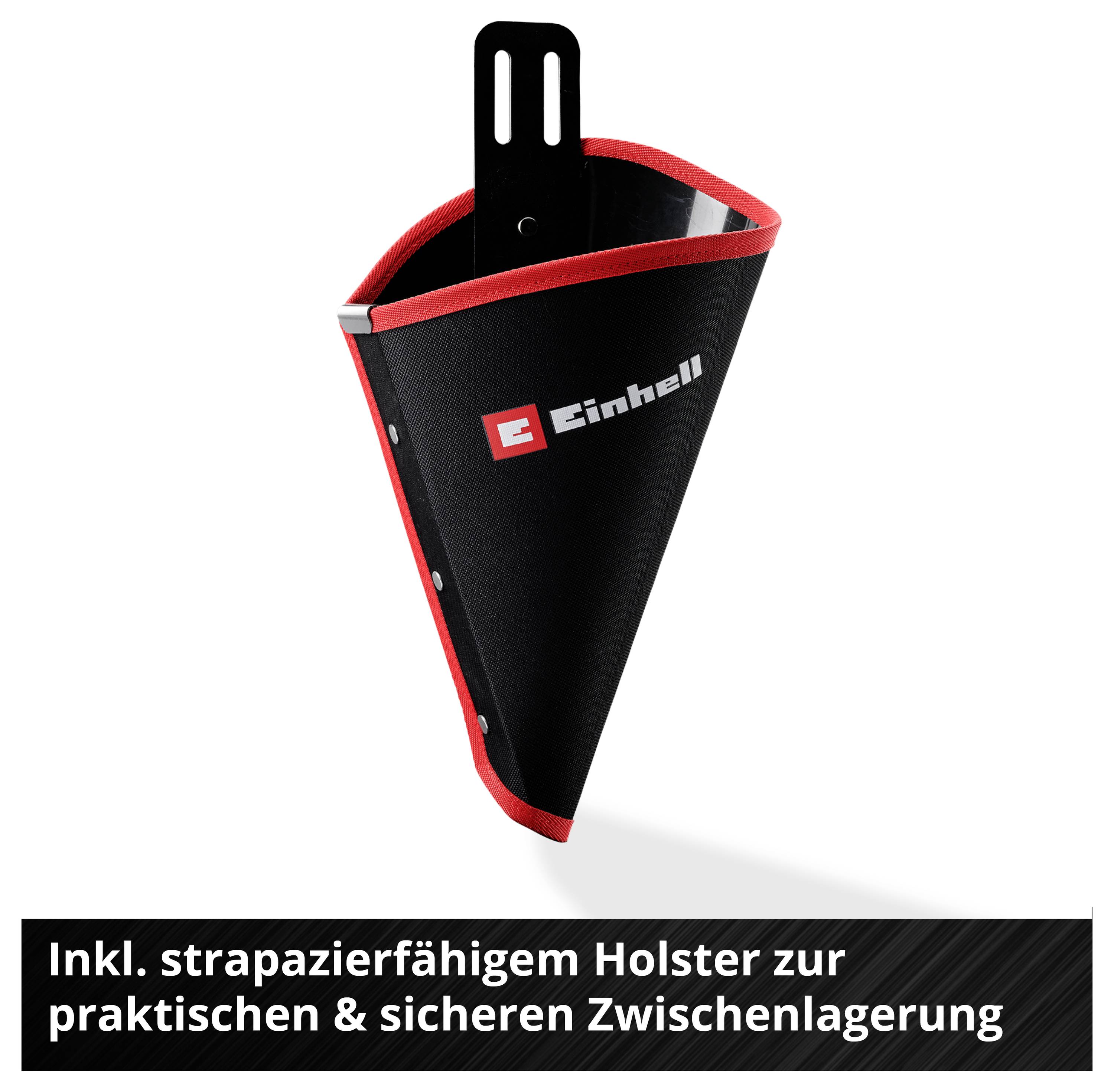 Ein schwarzes Einhell-Holster mit rotem Rand für praktische und sichere Aufbewahrung von Elektrowerkzeugen.