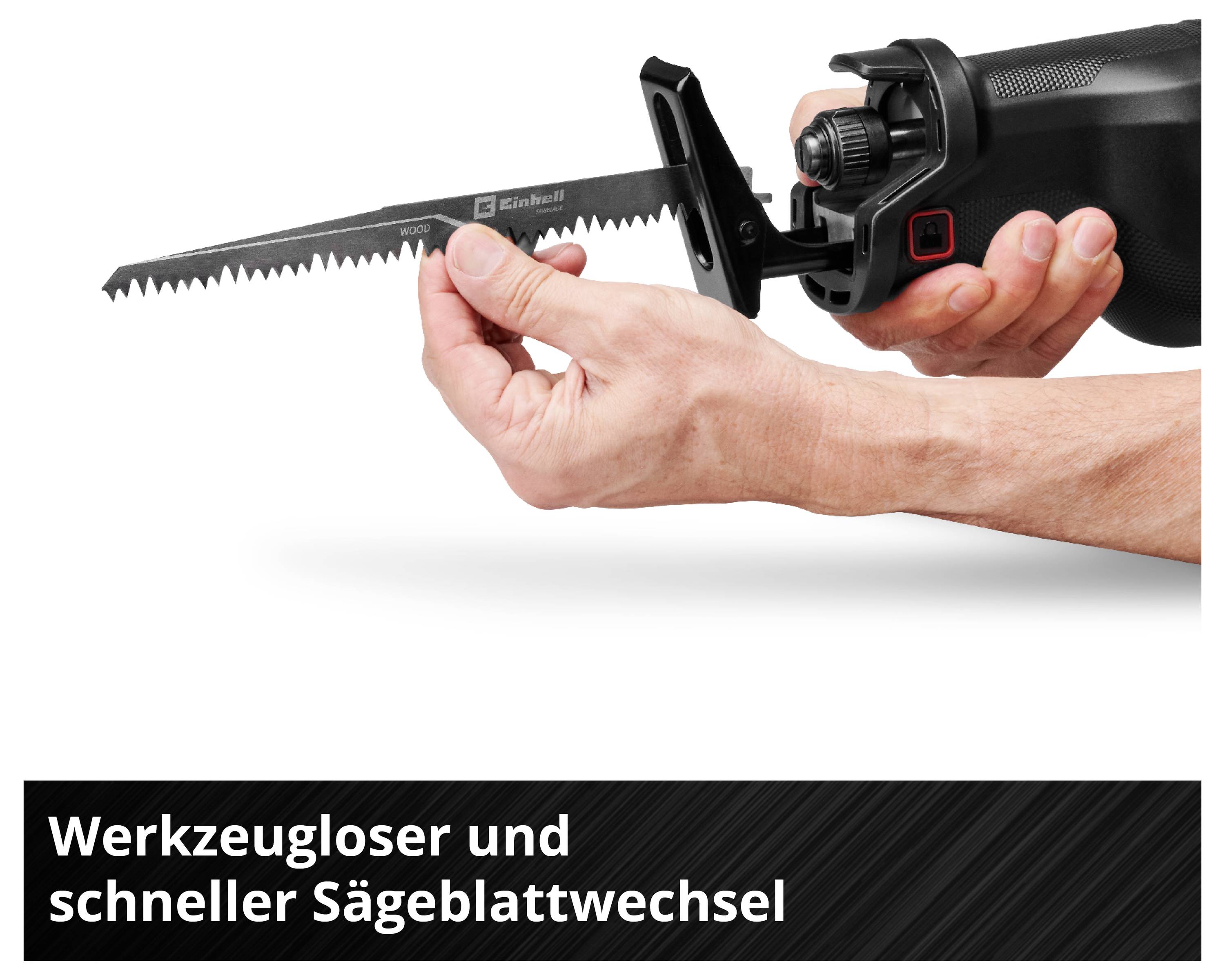 Eine Hand wechselt werkzeuglos ein Sägeblatt an einer elektrischen Säge. Text im Bild: 'Werkzeugloser und schneller Sägeblattwechsel'.
