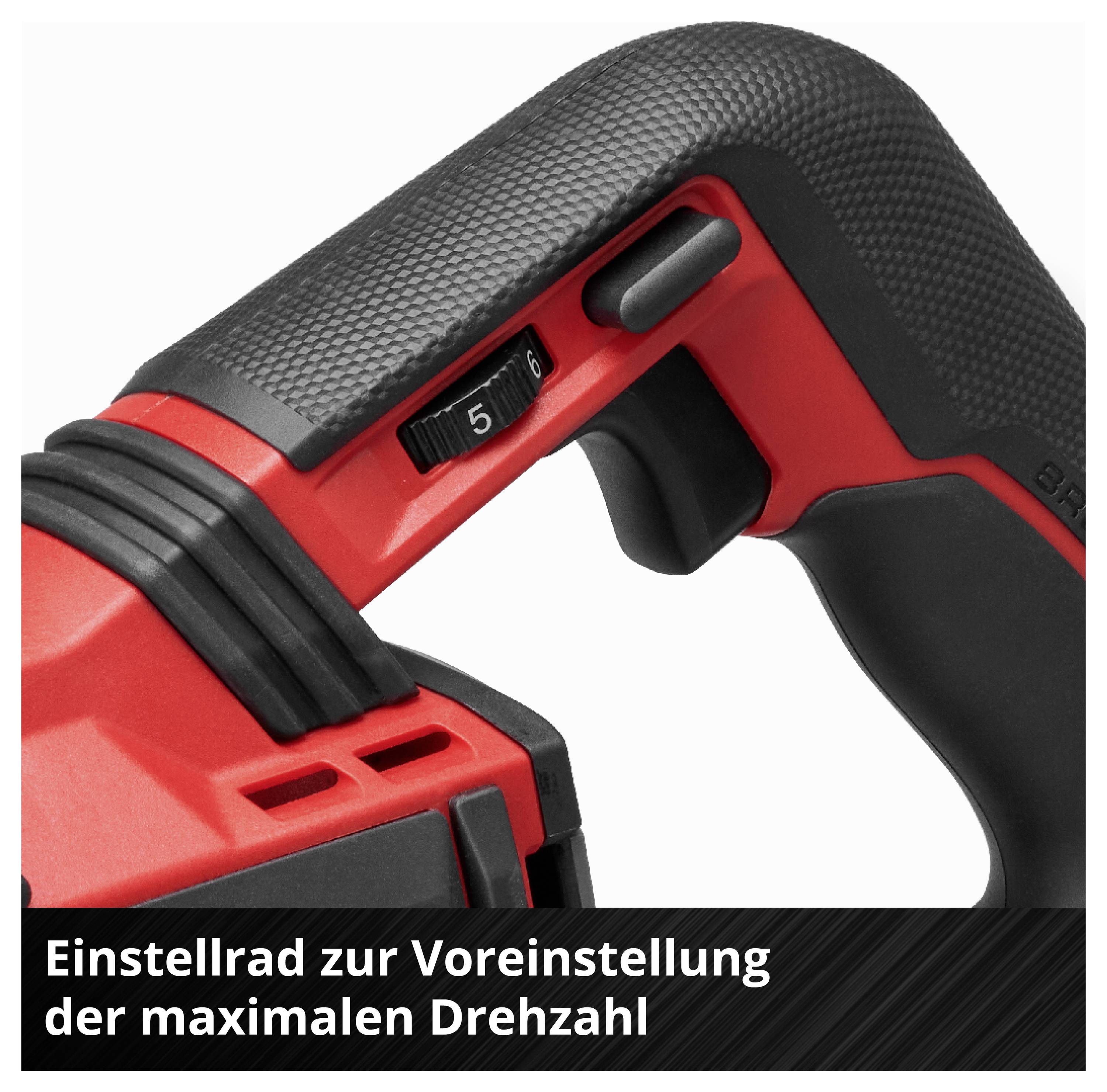 Nahaufnahme eines roten Elektrowerkzeugs mit Drehregler und Schalter. Beschriftung: Einstellrad zur Voreinstellung der maximalen Drehzahl.
