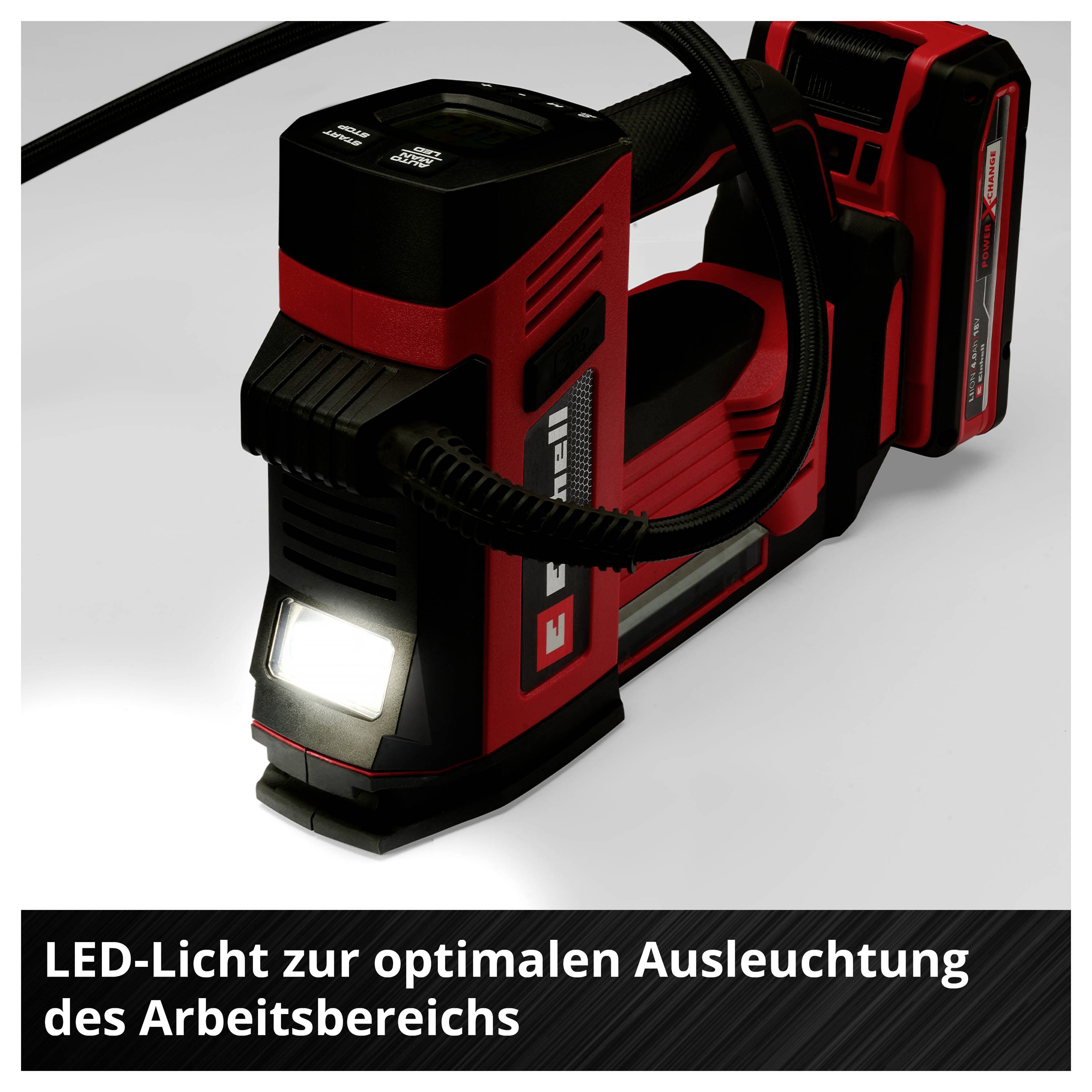 LED-Arbeitsleuchte, rot-schwarz, mit flexiblem Kabel. Text: 'LED-Licht zur optimalen Ausleuchtung des Arbeitsbereichs'.