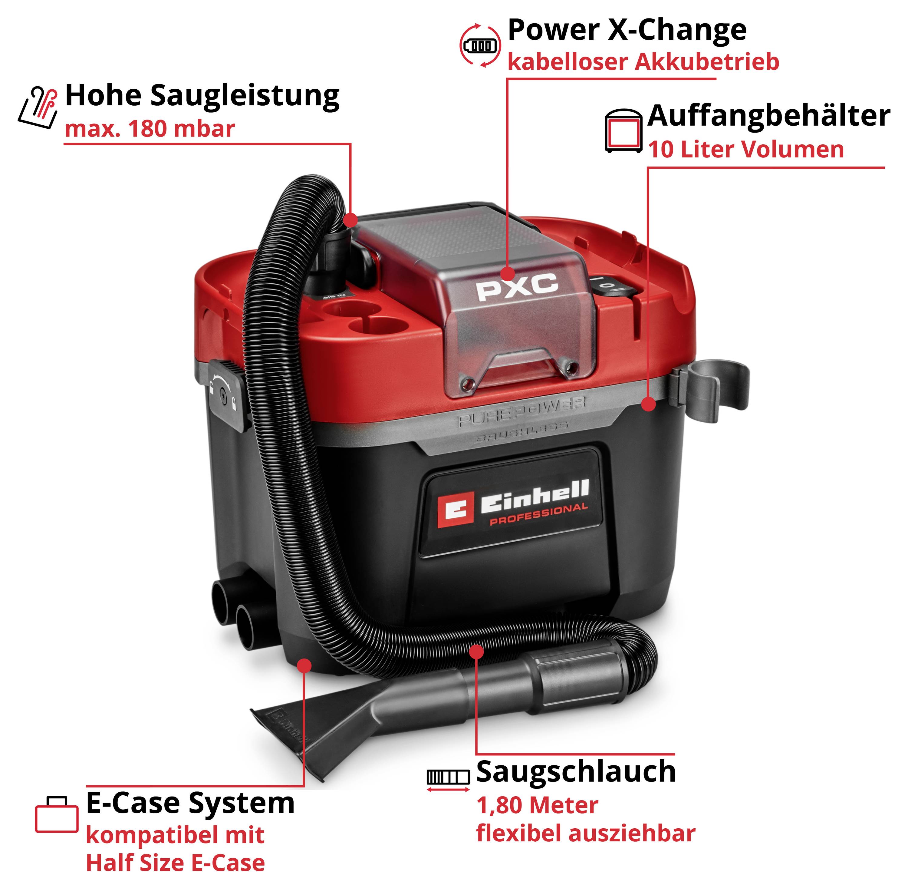 Der Einhell Nass-Trockensauger ist kabellos und akkubetrieben mit 180 mbar Saugleistung. Er besitzt einen 10-Liter-Auffangbehälter und ist mit Half Size E-Case kompatibel.