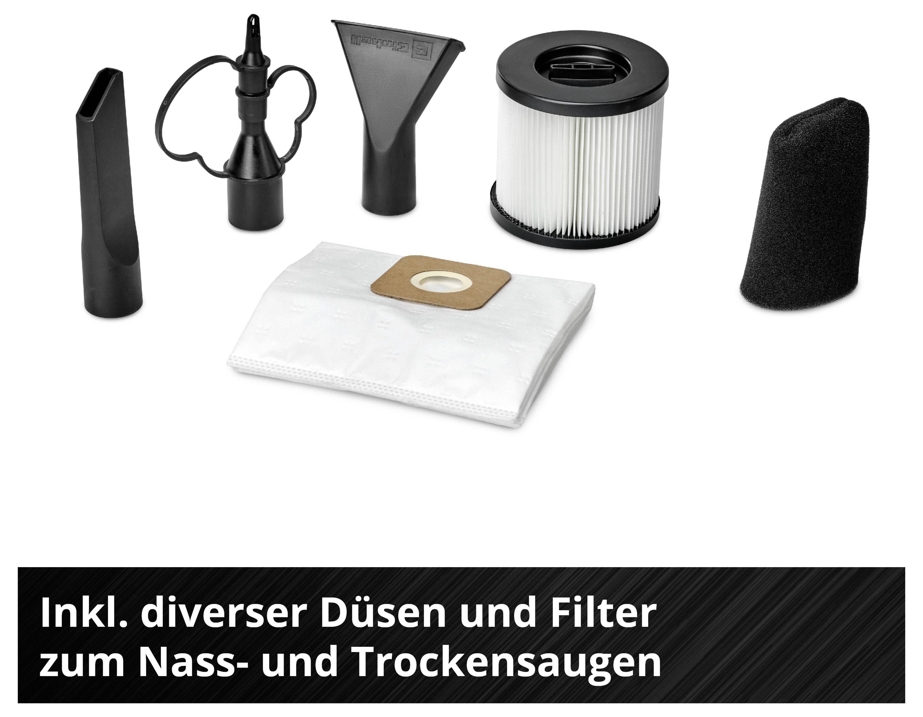 Enthaltenes Zubehör für Nass- und Trockensauger: verschiedene Düsen, Filter und Staubbeutel.