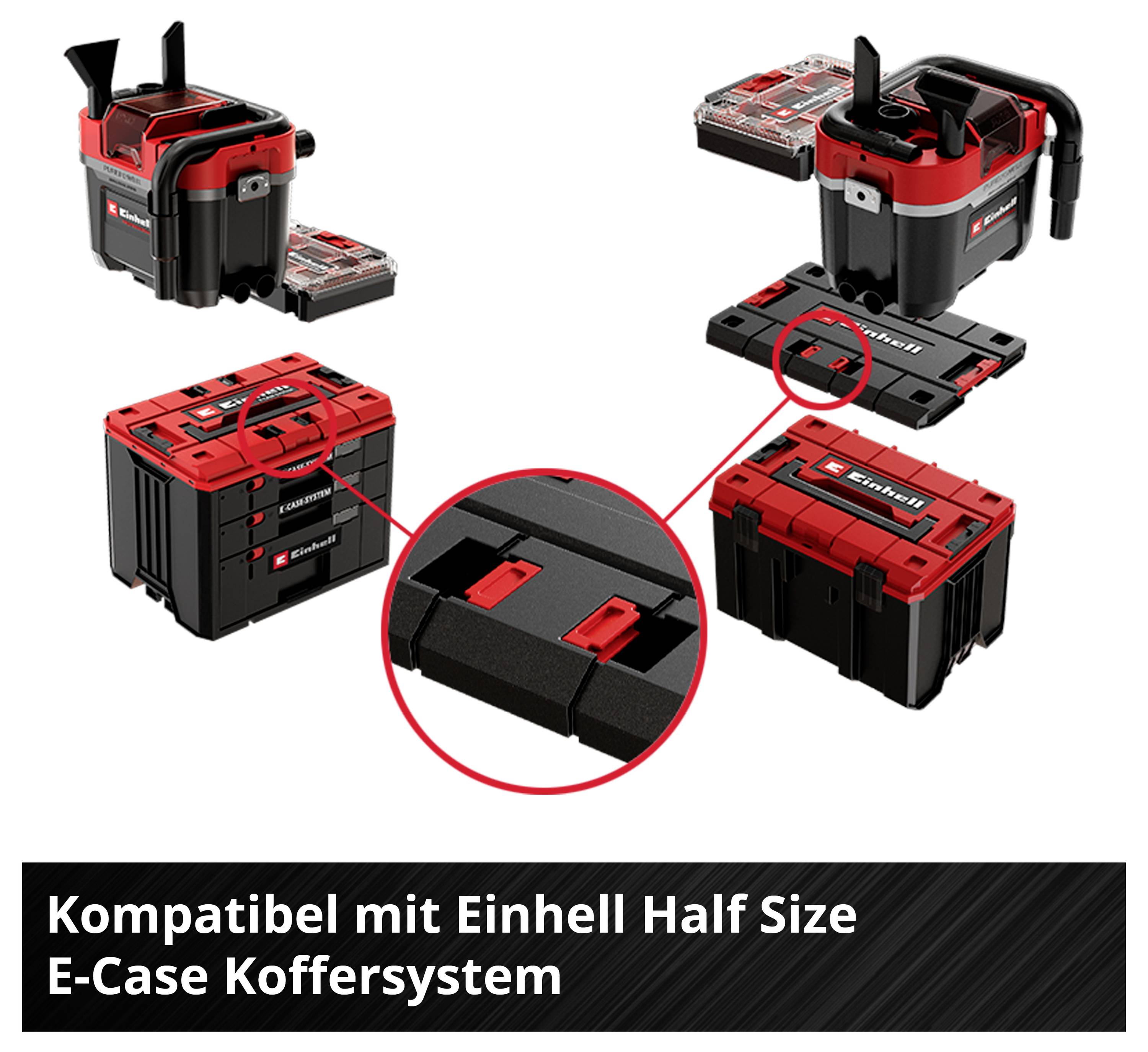 'Kompatibel mit Einhell Half Size E-Case Koffersystem' zeigt drei E-Cases mit verschiedenen Ansichten und einem Detailbild des Systems.