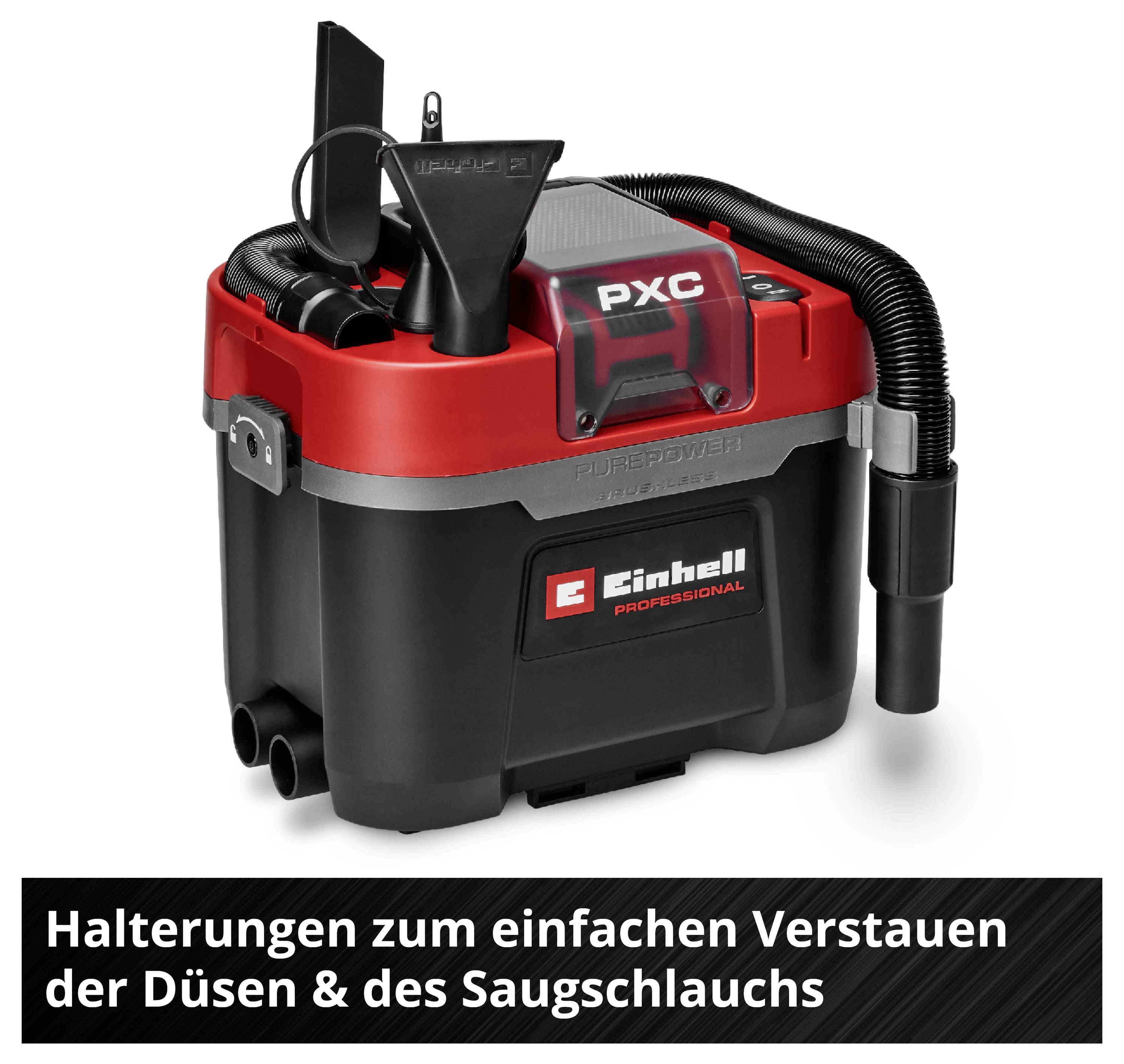 Das Bild zeigt einen Einhell Nass-Trockensauger in Schwarz-Rot mit integrierten Halterungen für Zubehör wie Düsen und Saugschlauch.