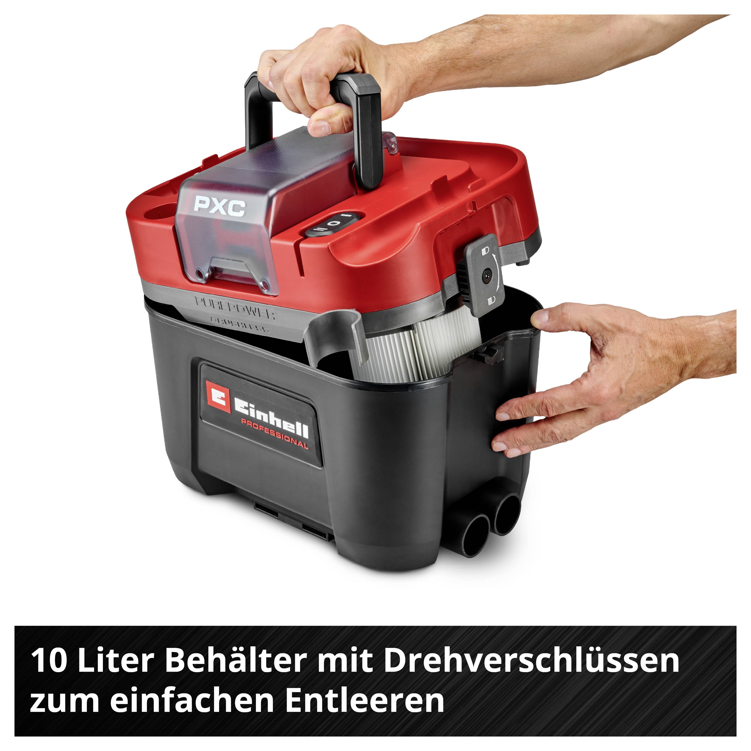 Eintrag: Ein roter und schwarzer Staubsauger mit 10-Liter-Behälter. Beschriftung: '10 Liter Behälter mit Drehverschlüssen zum einfachen Entleeren'.