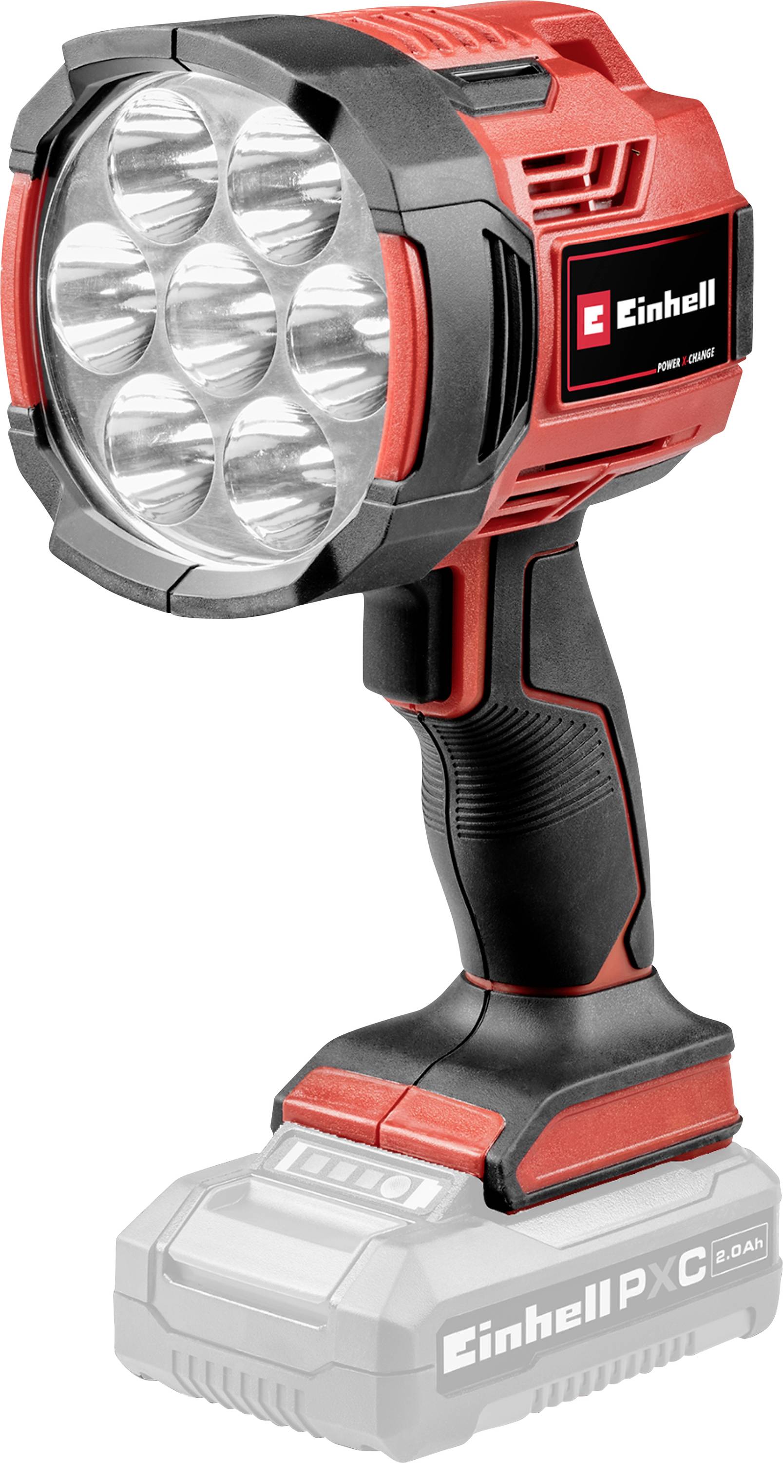 Rot und schwarz gehaltene, handgehaltene LED-Taschenlampe mit mehreren Leuchtdioden, konzipiert für kraftvolle Beleuchtung. Markenname 'Einhell' an der Seite sichtbar.