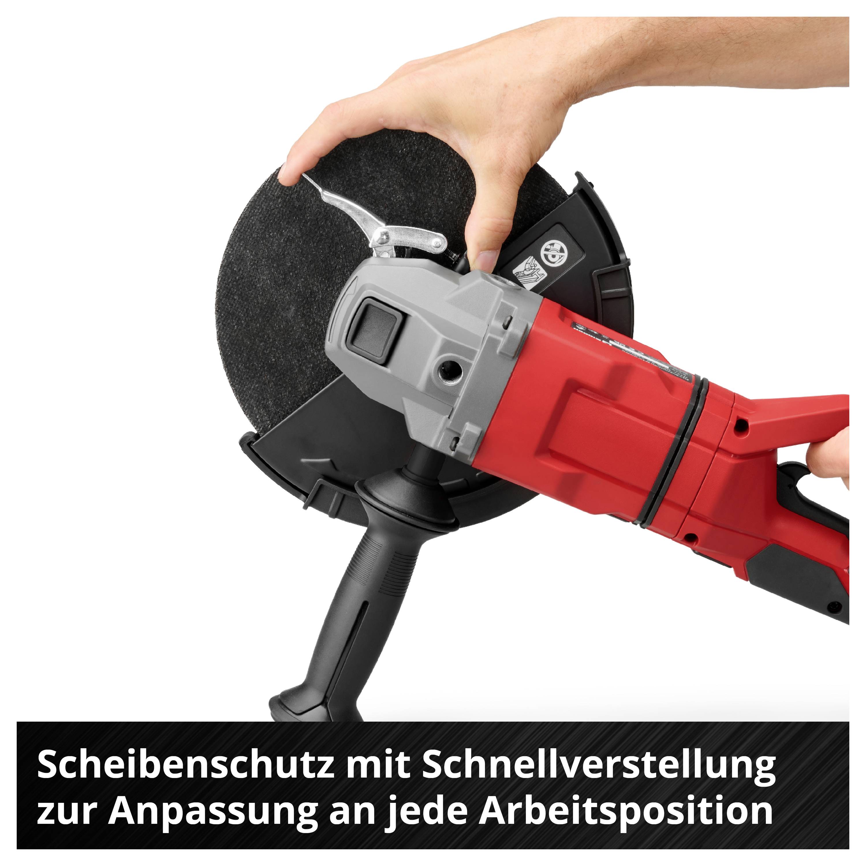 Ein roter Winkelschleifer mit schwarzem Scheibenschutz wird von einer Hand gehalten. Text darunter: 'Scheibenschutz mit Schnellverstellung zur Anpassung an jede Arbeitsposition'.