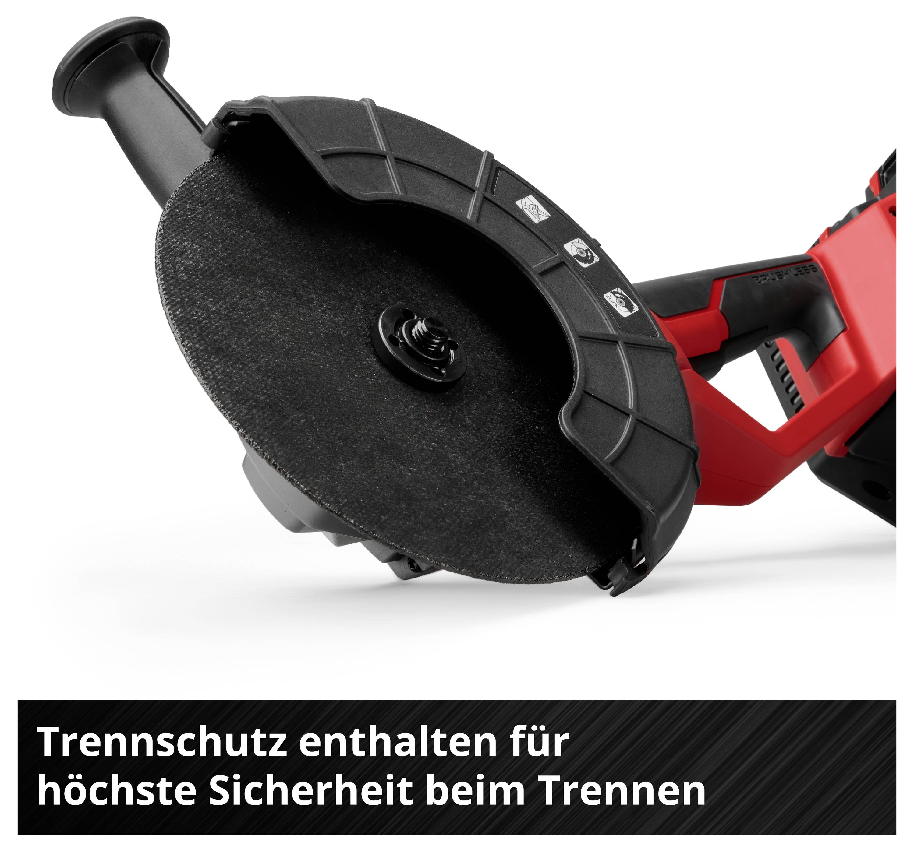 Nahaufnahme eines Winkelschleifers. Text: Trennschutz enthalten für höchste Sicherheit beim Trennen.