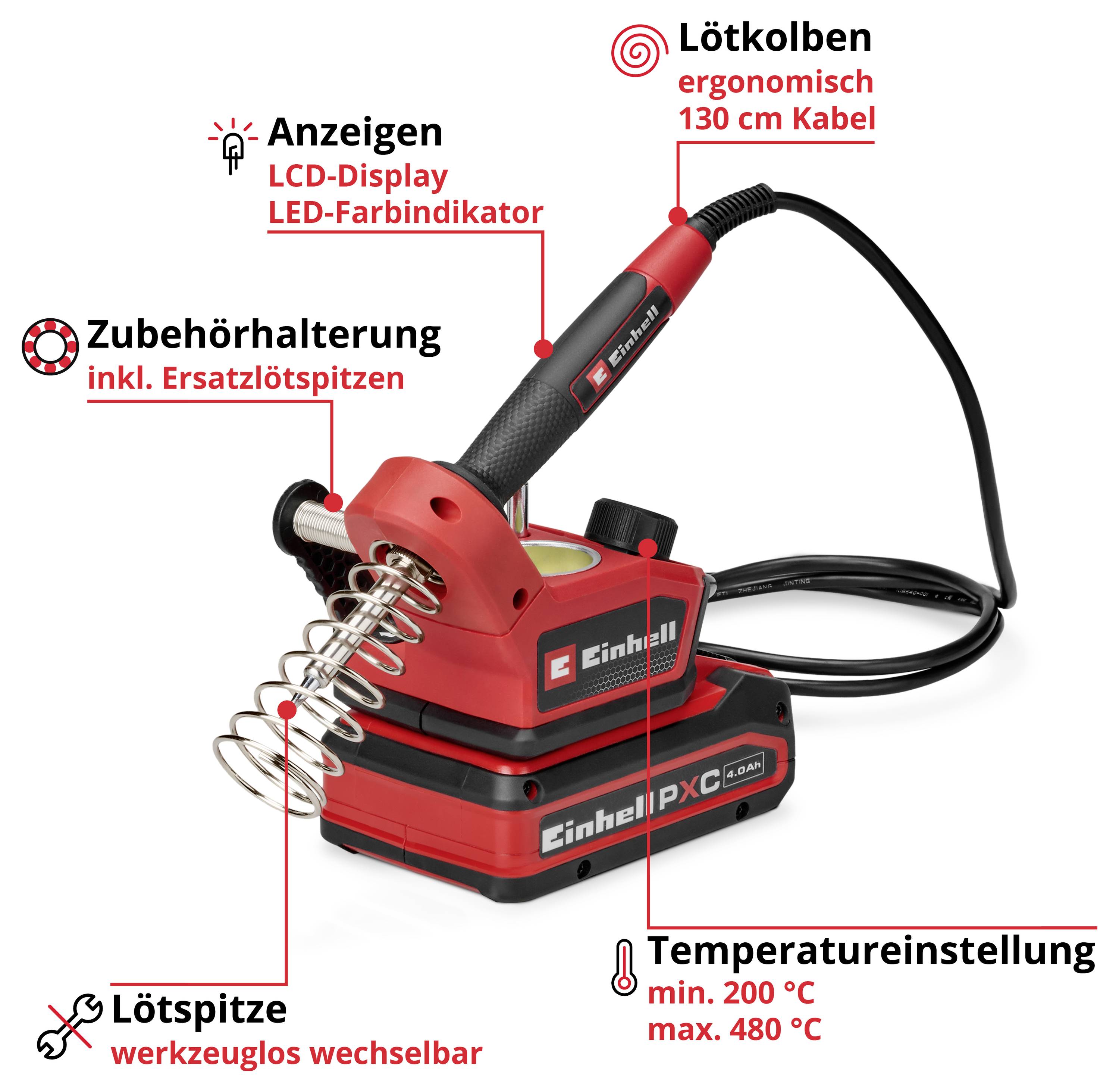 Lötstation mit ergonomischem Lötkolben, LED-Display, Halterung für Zubehör und austauschbarer Lötspitze; Temperaturbereich: 200 bis 480 °C; Kabellänge: 130 cm.