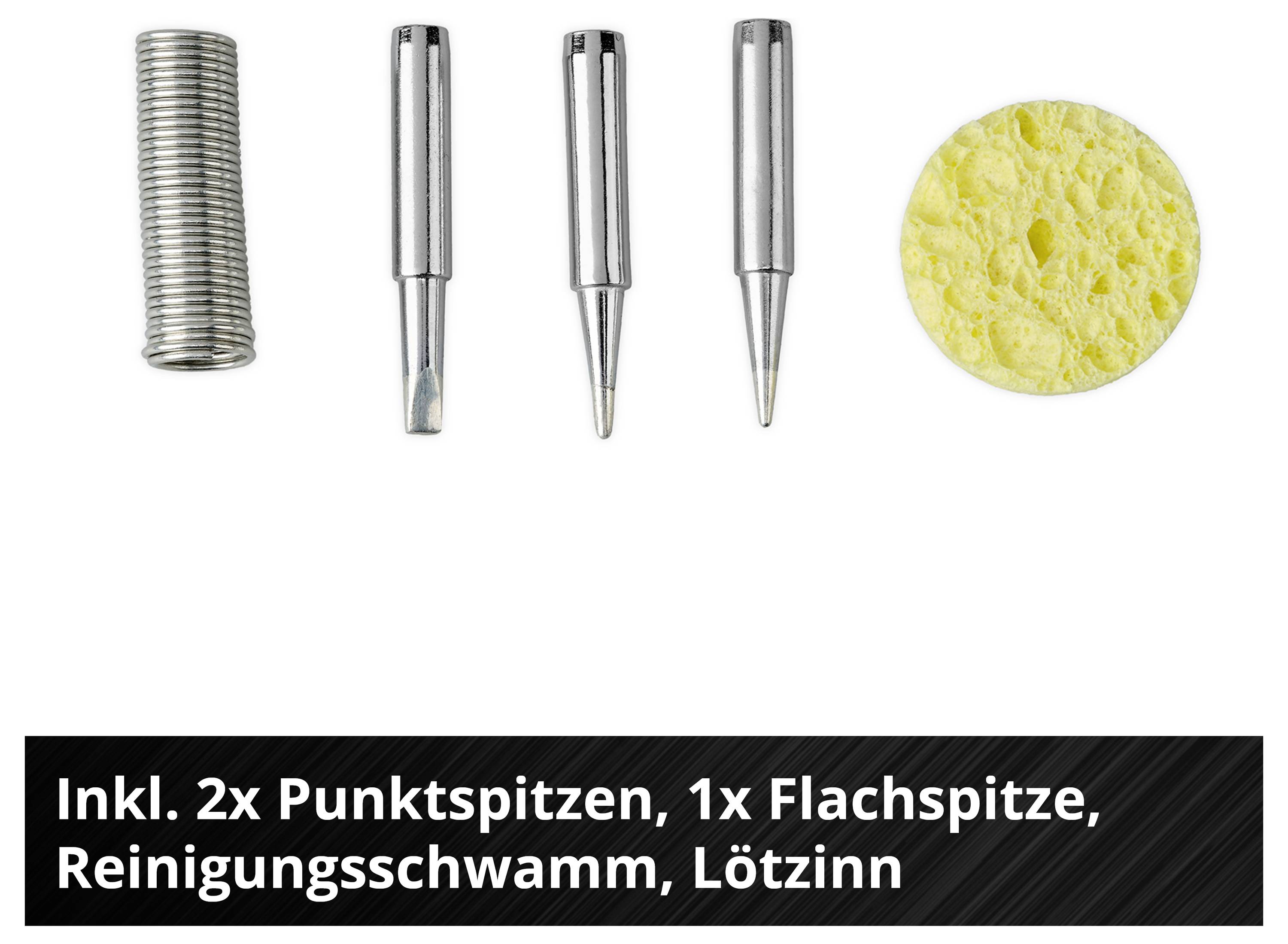 Lötset mit 2 Punktspitzen, 1 Flachspitze, Reinigungsschwamm und Lötzinn.
