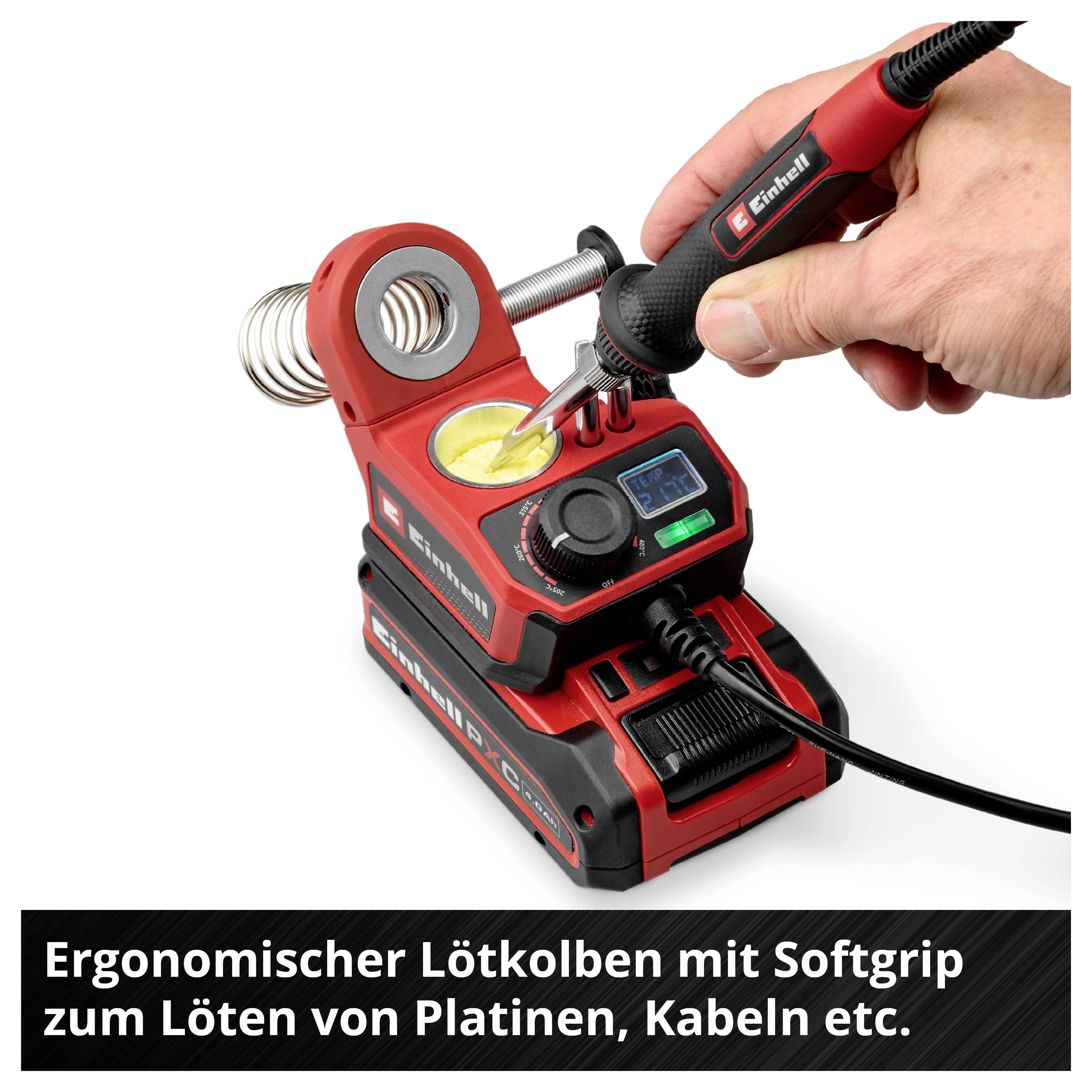 Ergonomischer Lötkolben mit Softgrip, digitaler Temperaturanzeige. Ideal für präzises Löten von Platinen und Kabeln.