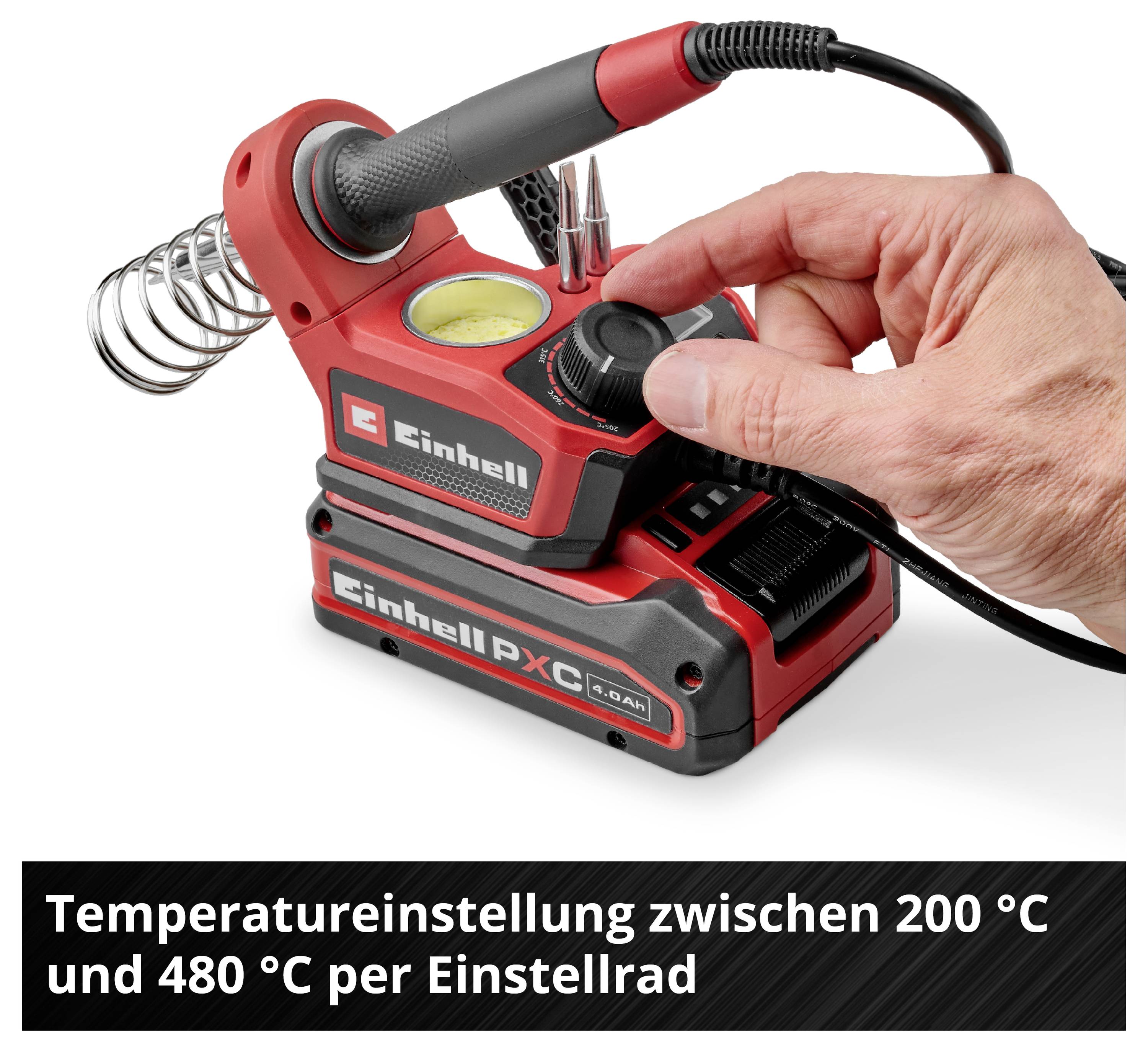 Lötkolben-Station mit Einstellrad für Temperaturkontrolle zwischen 200 °C und 480 °C. Jemand dreht das Einstellrad.