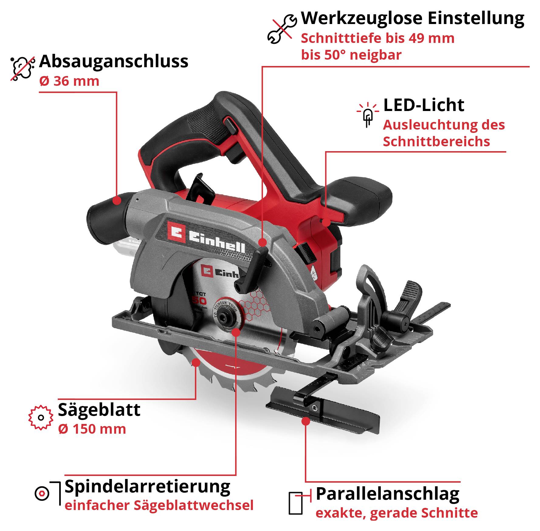 Handkreissäge: 150 mm Sägeblatt, LED-Beleuchtung, werkzeuglose Einstellung bis 50°, 36 mm Absauganschluss, einfacher Sägeblattwechsel.