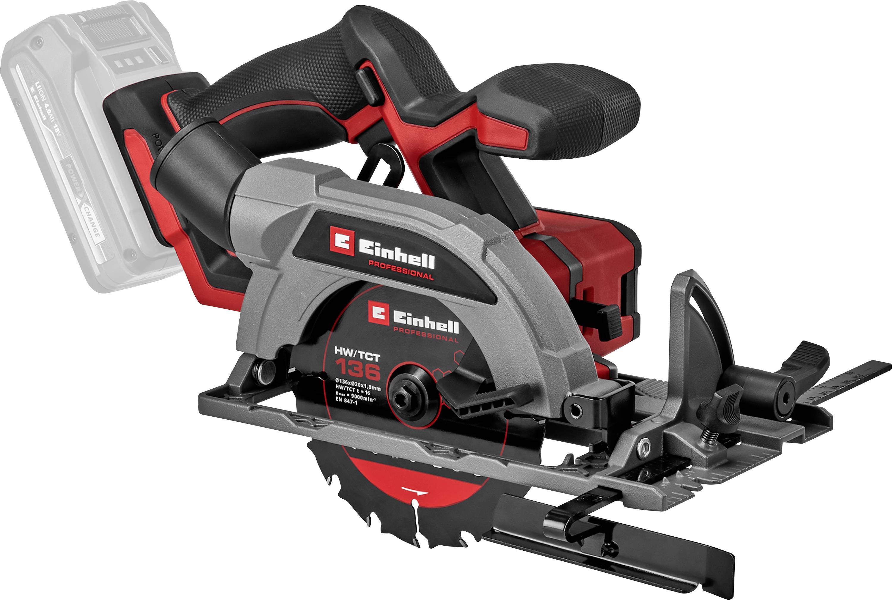 Eine kabellose Kreissäge mit einem rot-schwarzen Design, beschriftet mit 'Einhell Professional', die ihre Sägeblatt und Griffhandhabung zeigt.