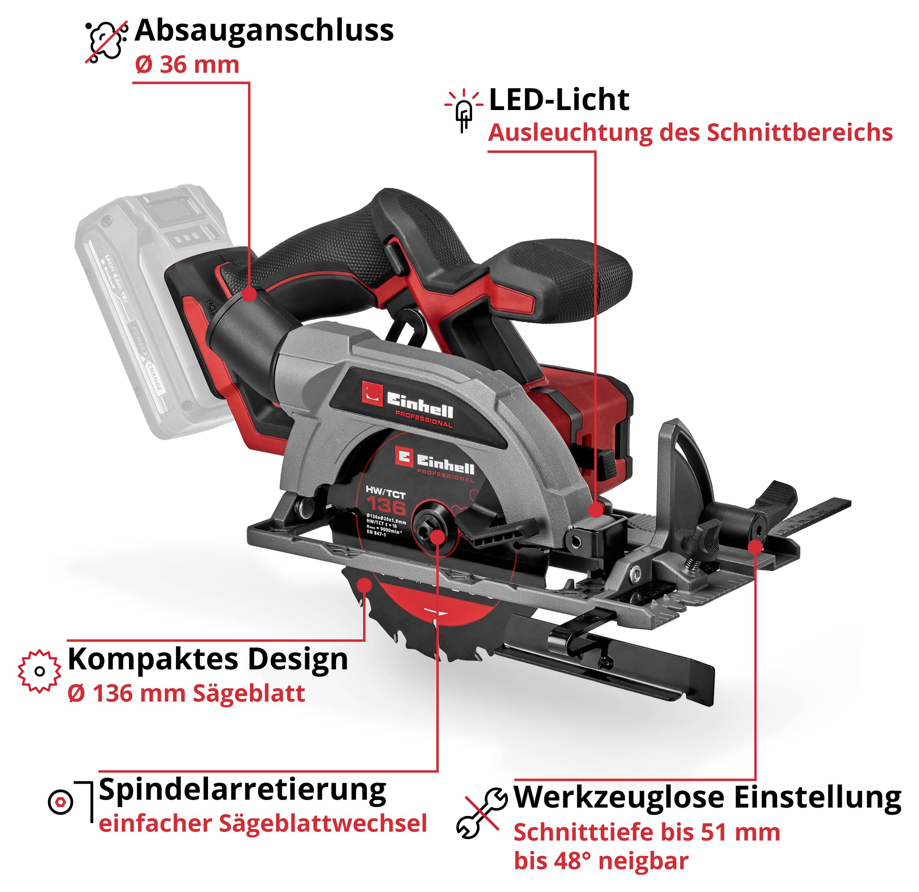 Akkusäge mit kompaktem Design, LED-Licht, Absauganschluss, Spindelarretierung, werkzeugloser Einstellung, 36 mm Absauganschluss.