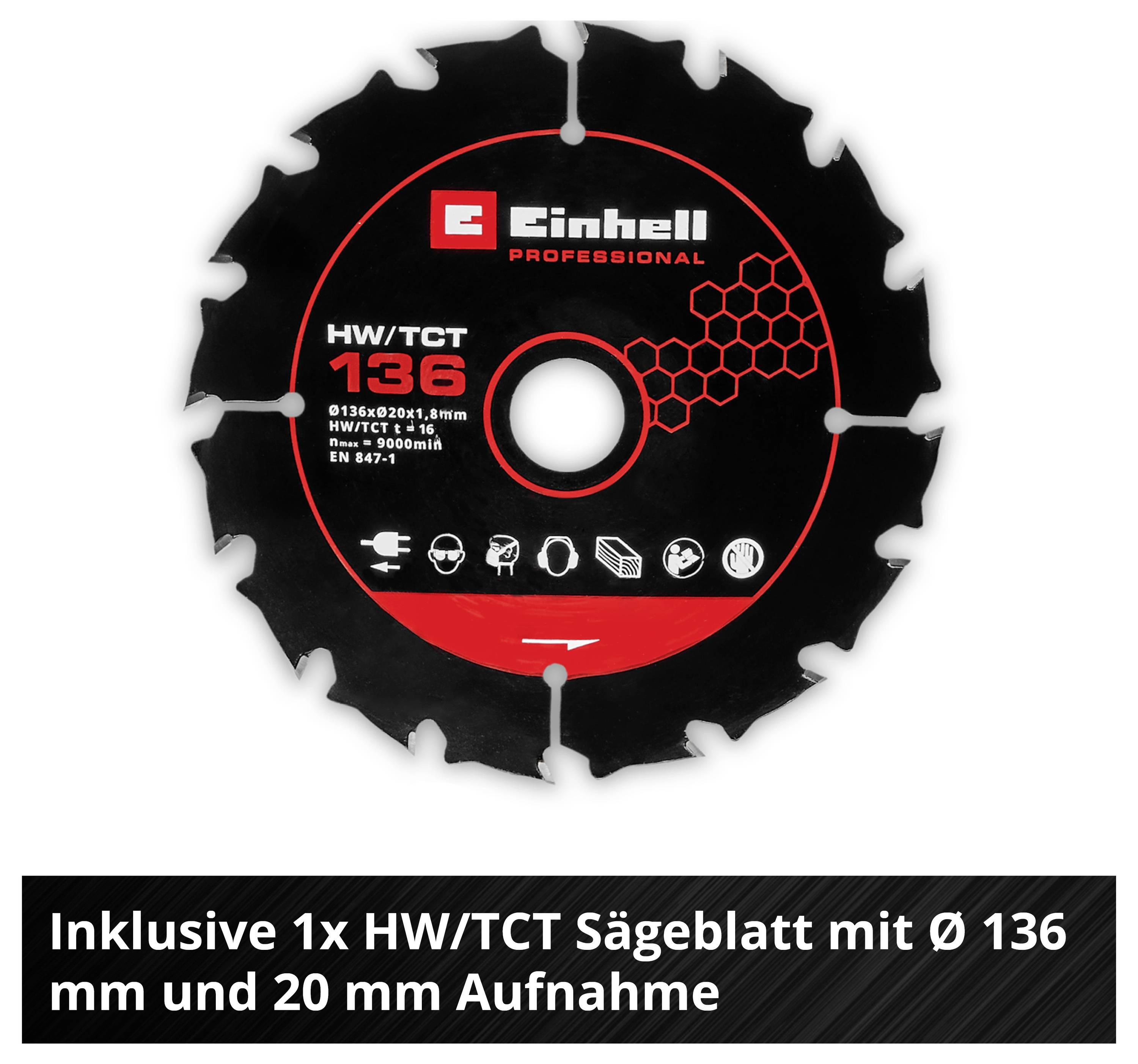 Sägeblatt der Marke Einhell, 136 mm Durchmesser für Holz/Metall. Text darunter: 'Inklusive 1x HW/TCT Sägeblatt mit Ø 136 mm und 20 mm Aufnahme'.