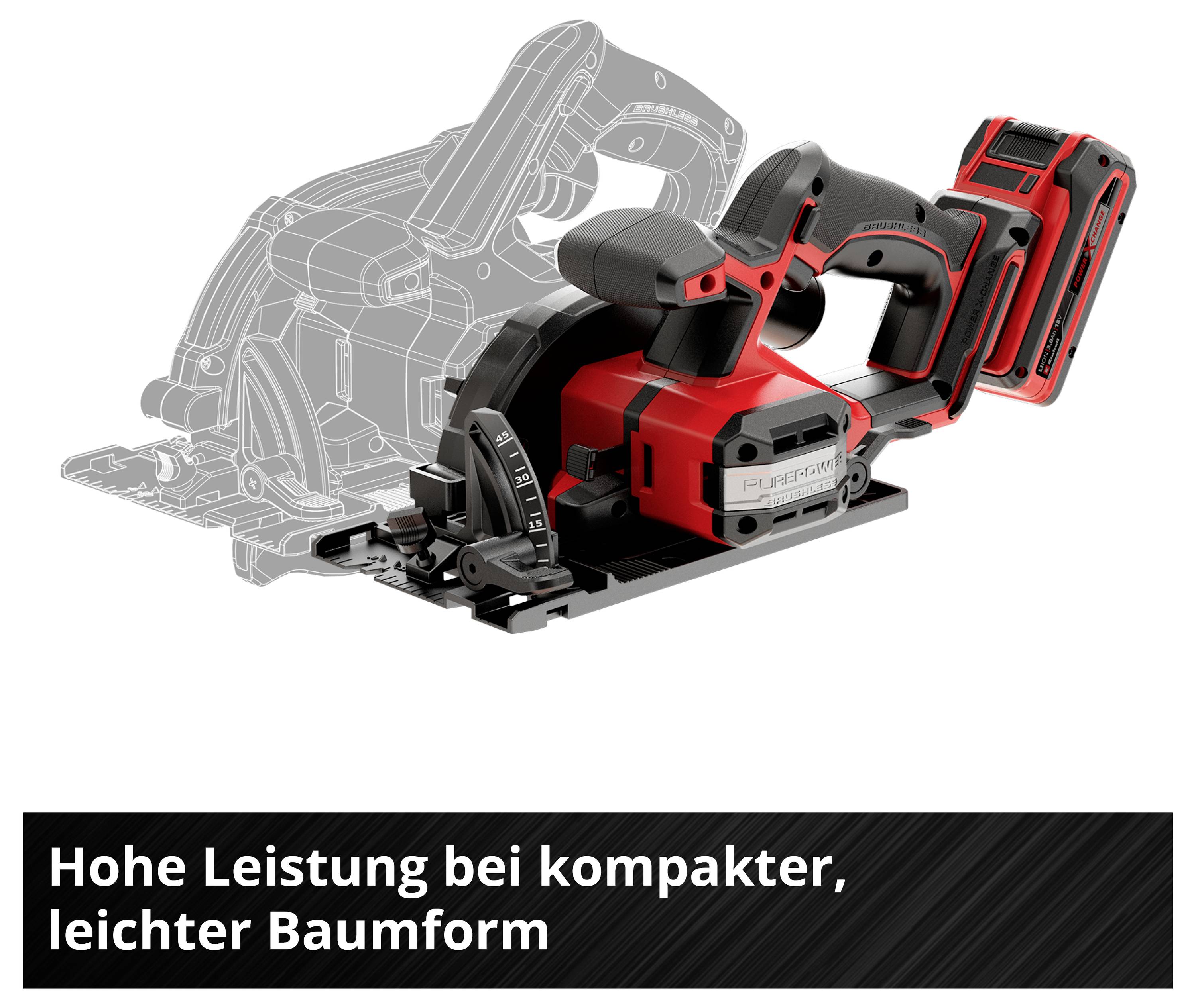Handkreissäge in rot-schwarzem Design, hervorgehoben vor schematischer Zeichnung, zusammen mit Text: 'Hohe Leistung bei kompakter, leichter Baumform'.