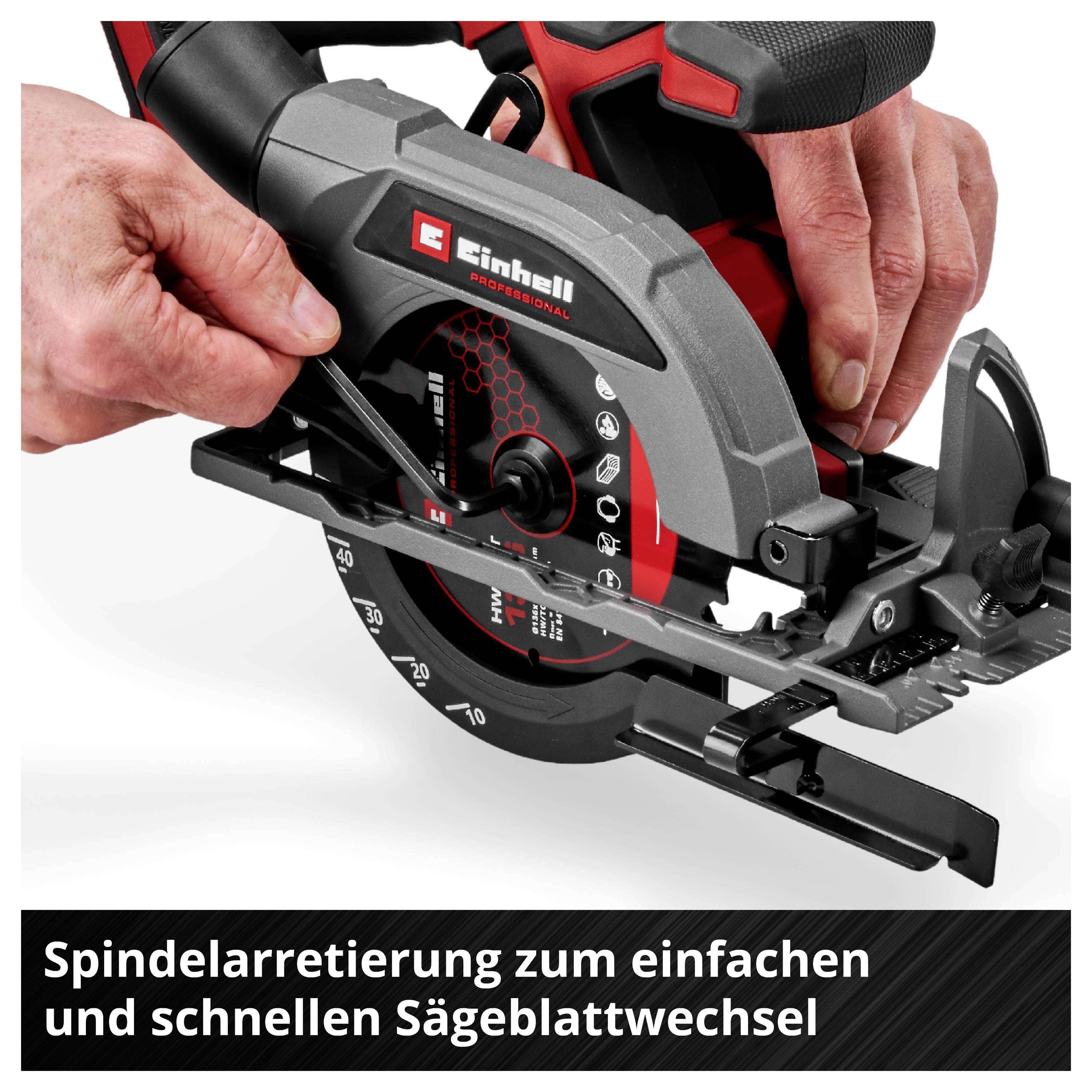 Einhell Professional Handkreissäge mit rot-schwarzem Design. Details zeigen die Spindelarretierung für schnellen Sägeblattwechsel.