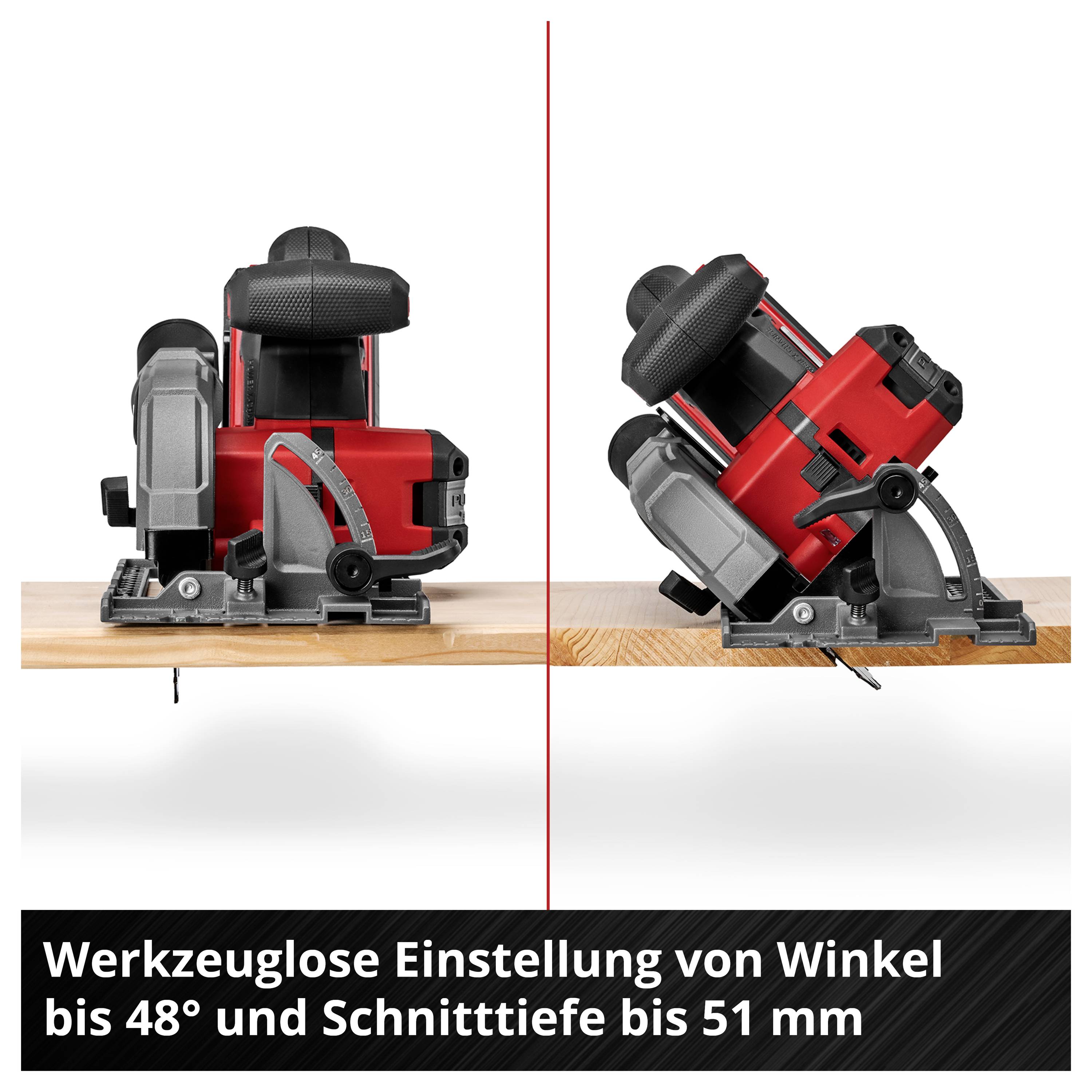 Eine rote Handkreissäge auf einer Holzplatte zeigt die werkzeuglose Einstellung des Winkels bis 48 Grad und Schnitttiefe bis 51 mm.