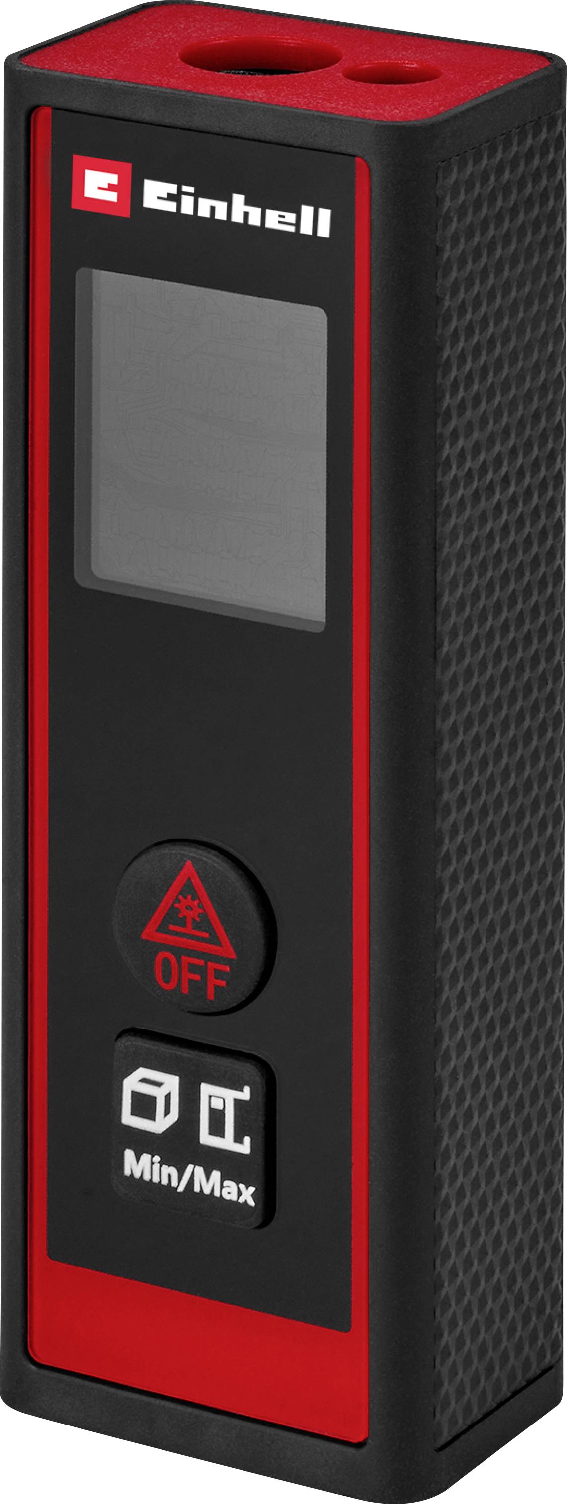 Digitaler Laserdistanzmesser der Marke 'Einhell', schwarz und rot, mit einer 'AUS'-Taste und 'Min/Max'-Funktion auf dem vorderen Bedienfeld.