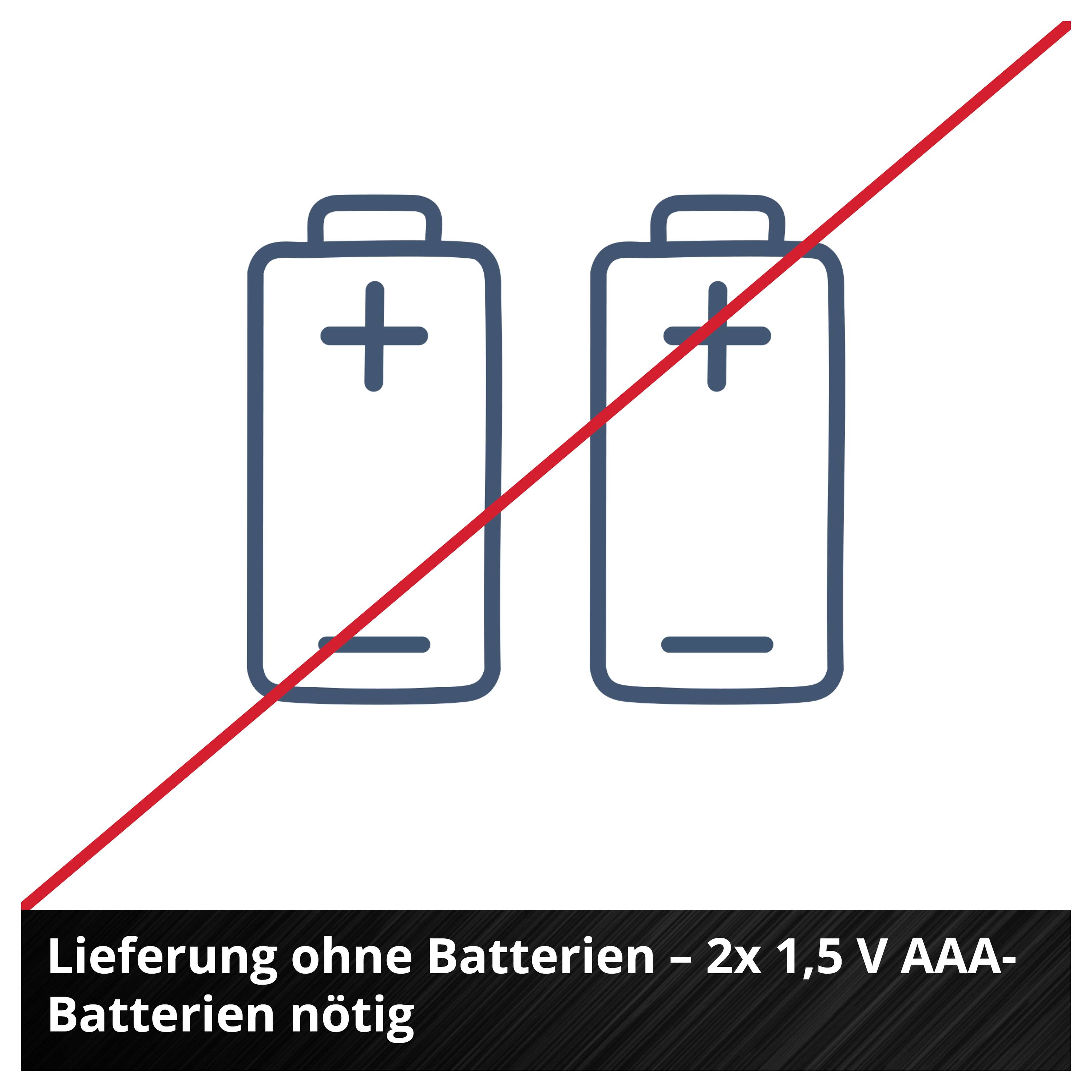 Zeichnung von zwei Batterien mit einem roten diagonalen Strich. Text darunter: 'Lieferung ohne Batterien – 2x 1,5 V AAA-Batterien nötig'.