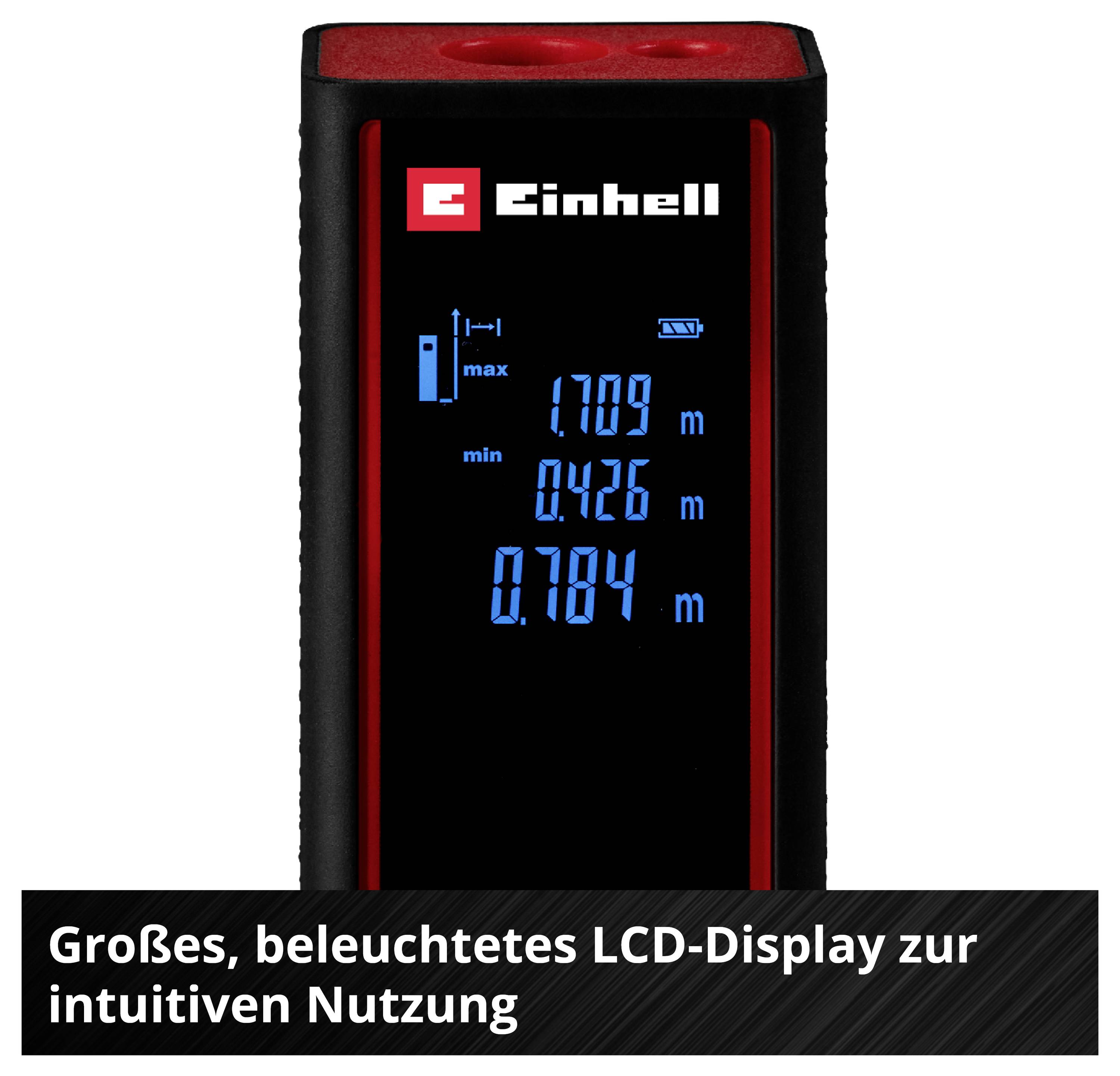 Ein Laser-Entfernungsmesser mit beleuchtetem LCD-Display zeigt Maße '1.709 m', '0.426 m' und '0.784 m' für intuitive Nutzung.