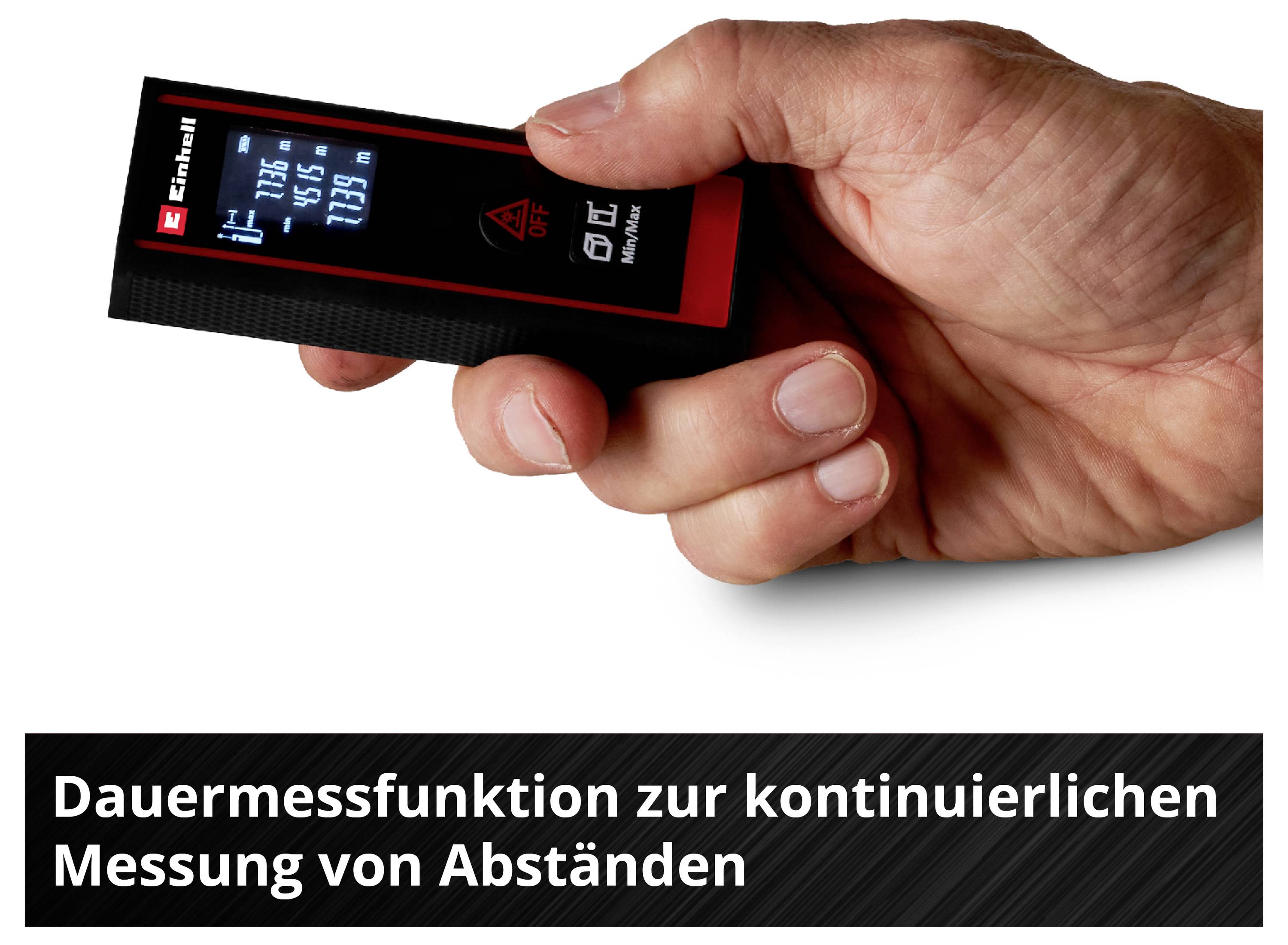 Hand hält ein Lasermessgerät mit leuchtendem Display. Text darunter: 'Dauermessfunktion zur kontinuierlichen Messung von Abständen'.