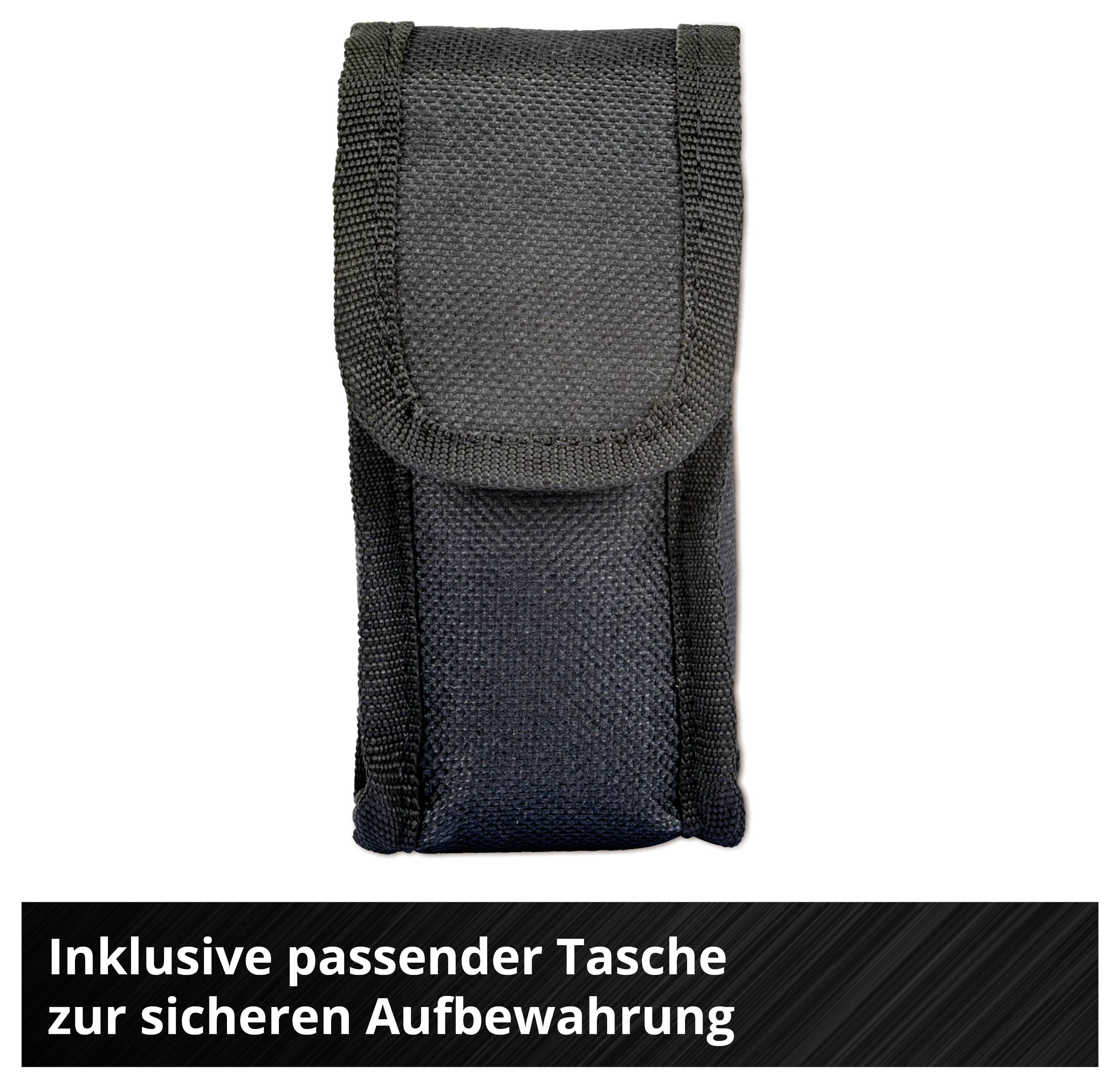 Schwarze Tasche zur Aufbewahrung. Text unten: 'Inklusive passender Tasche zur sicheren Aufbewahrung'.
