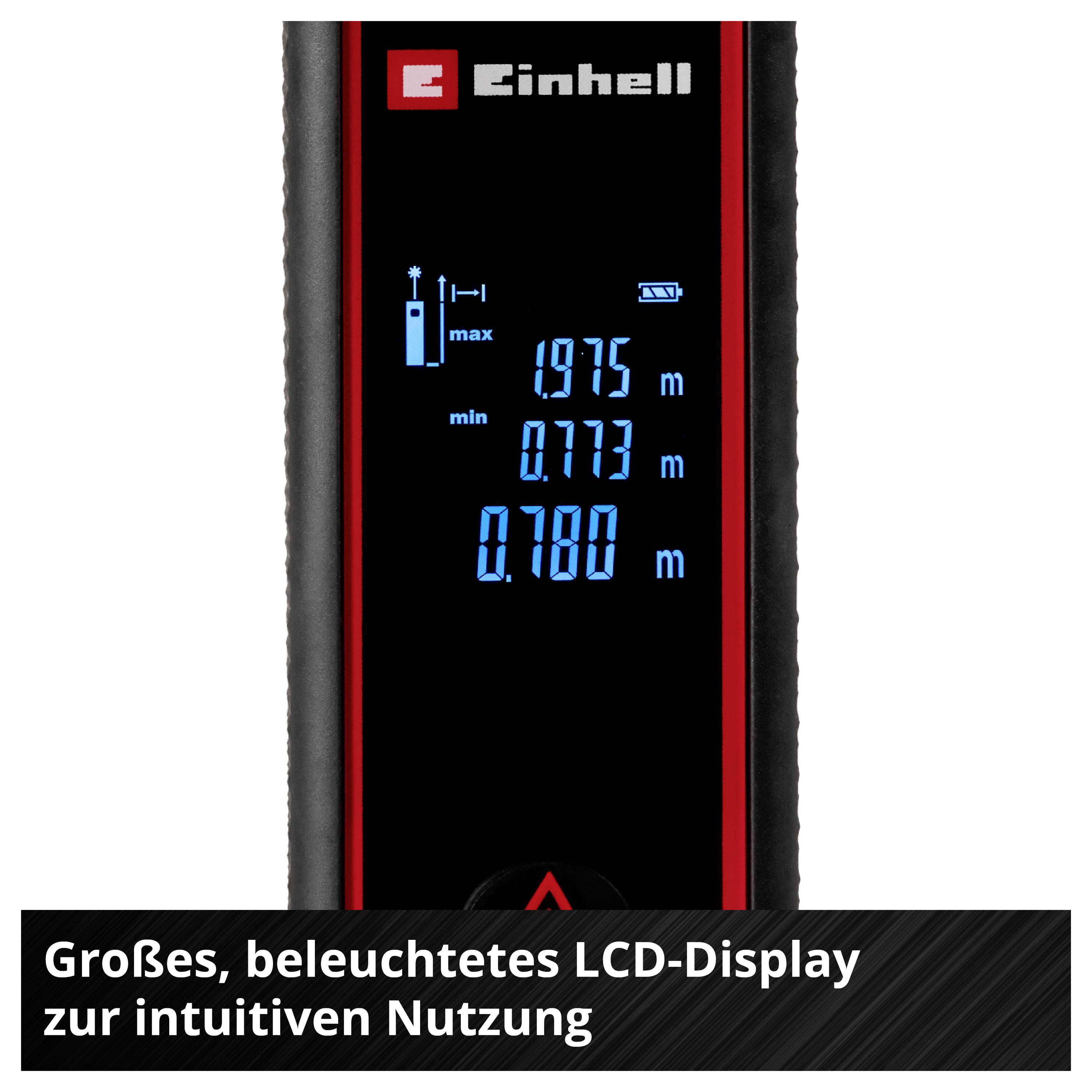 'Einhell' Gerät mit großem, beleuchtetem LCD-Display zeigt Messungen von 1,975 m, 0,773 m und 0,780 m an. Hinweis: Intuitive Nutzung.