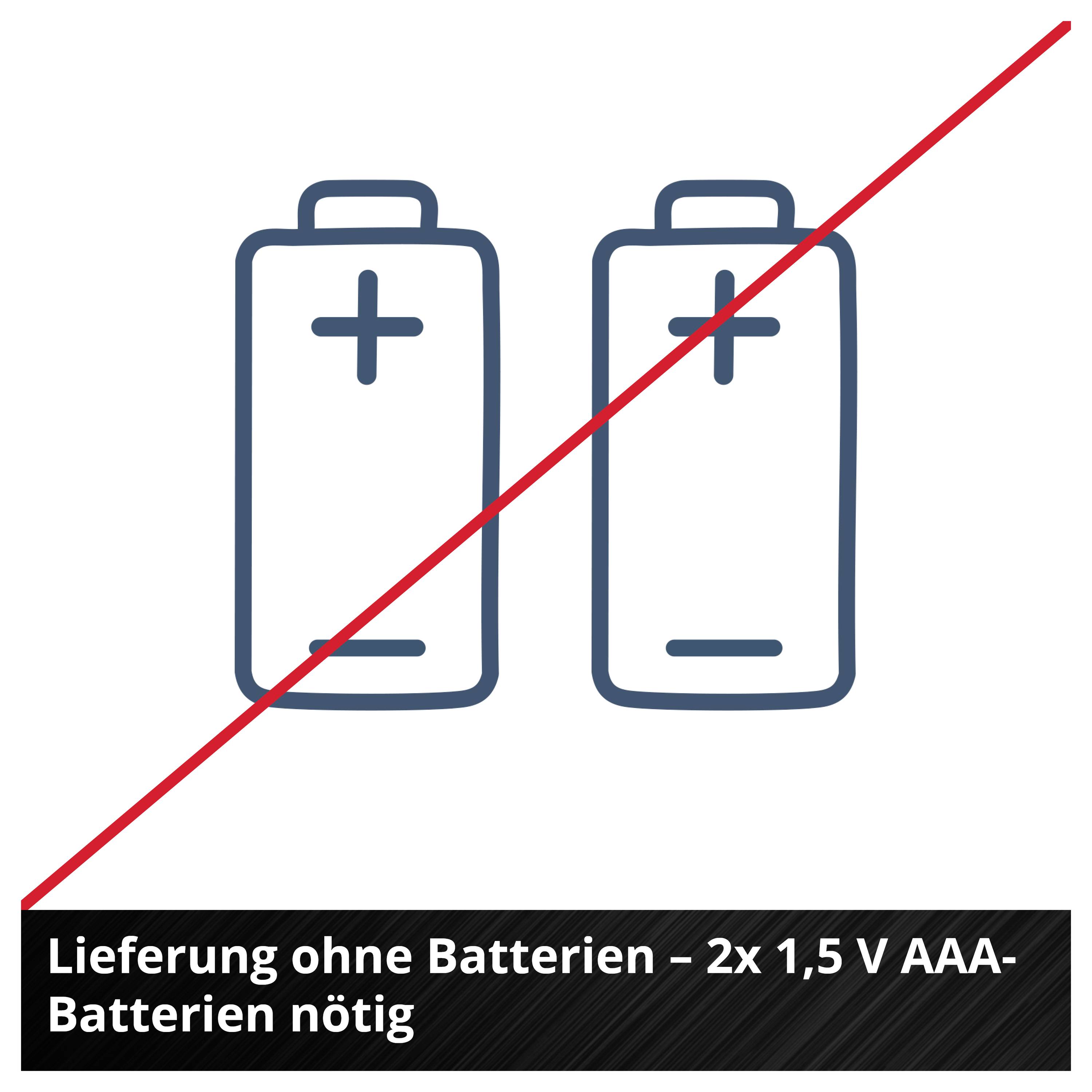 Zwei Batterien-Symbole mit einem roten diagonalen Strich darüber. Text unten: 'Lieferung ohne Batterien – 2x 1,5 V AAA-Batterien nötig'.