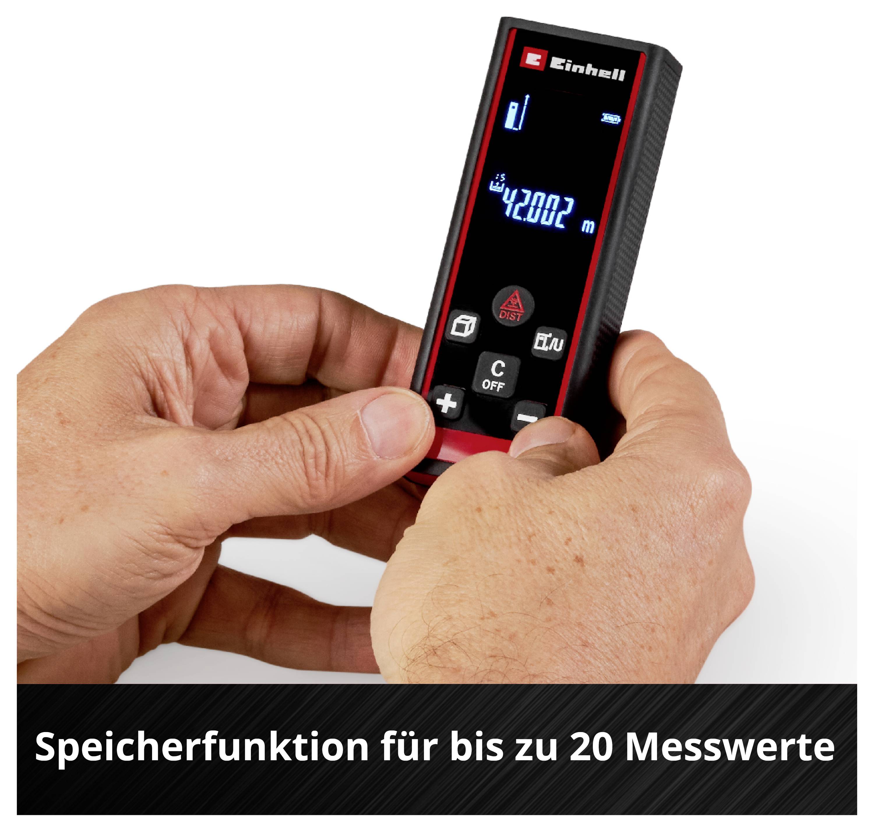 Ein Handgerät wird von zwei Händen gehalten und zeigt auf dem Display Messwerte an. Text: 'Speicherfunktion für bis zu 20 Messwerte'.