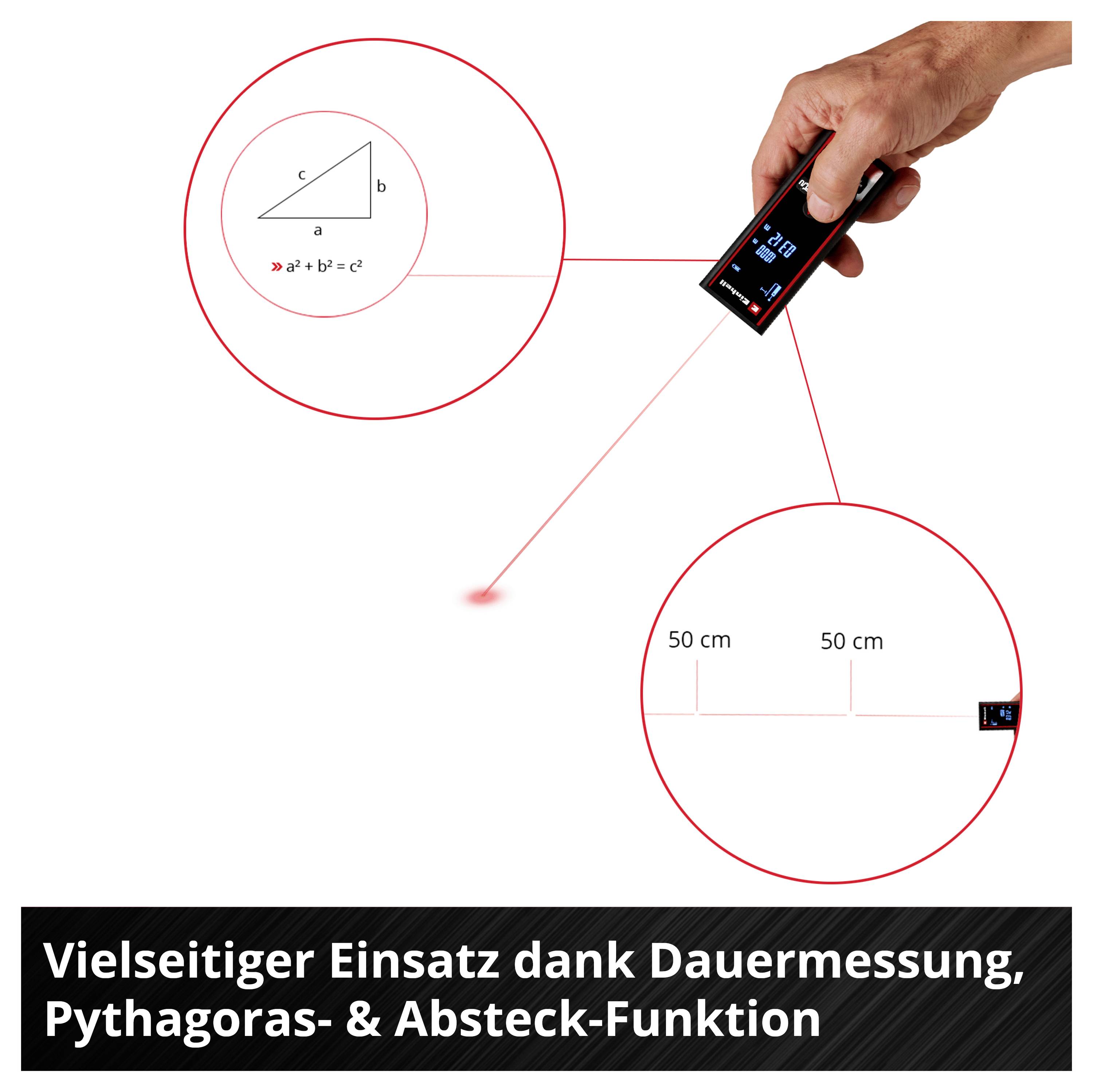 Hand hält Laser-Entfernungsmesser; projiziert Laserstrahl. zeigt rechtwinkliges Dreieck mit Seiten 'a, b, c' an. Text: 'Vielseitiger Einsatz dank Dauermessung, Pythagoras- & Absteck-Funktion'.