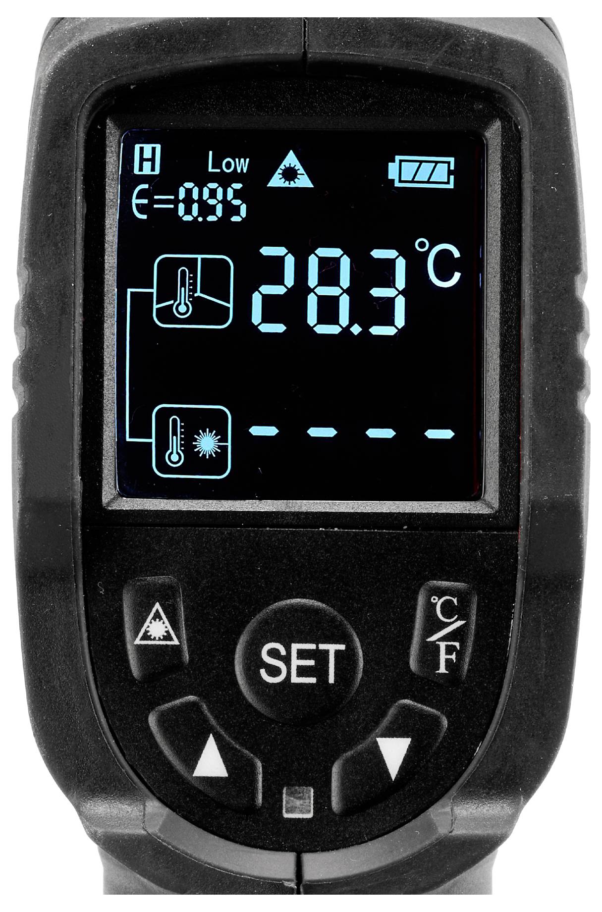 Digitales Infrarot-Thermometer-Display, das eine Temperaturablesung von 28,3°C zeigt, mit Symbolen für Laser und Batteriezustand.