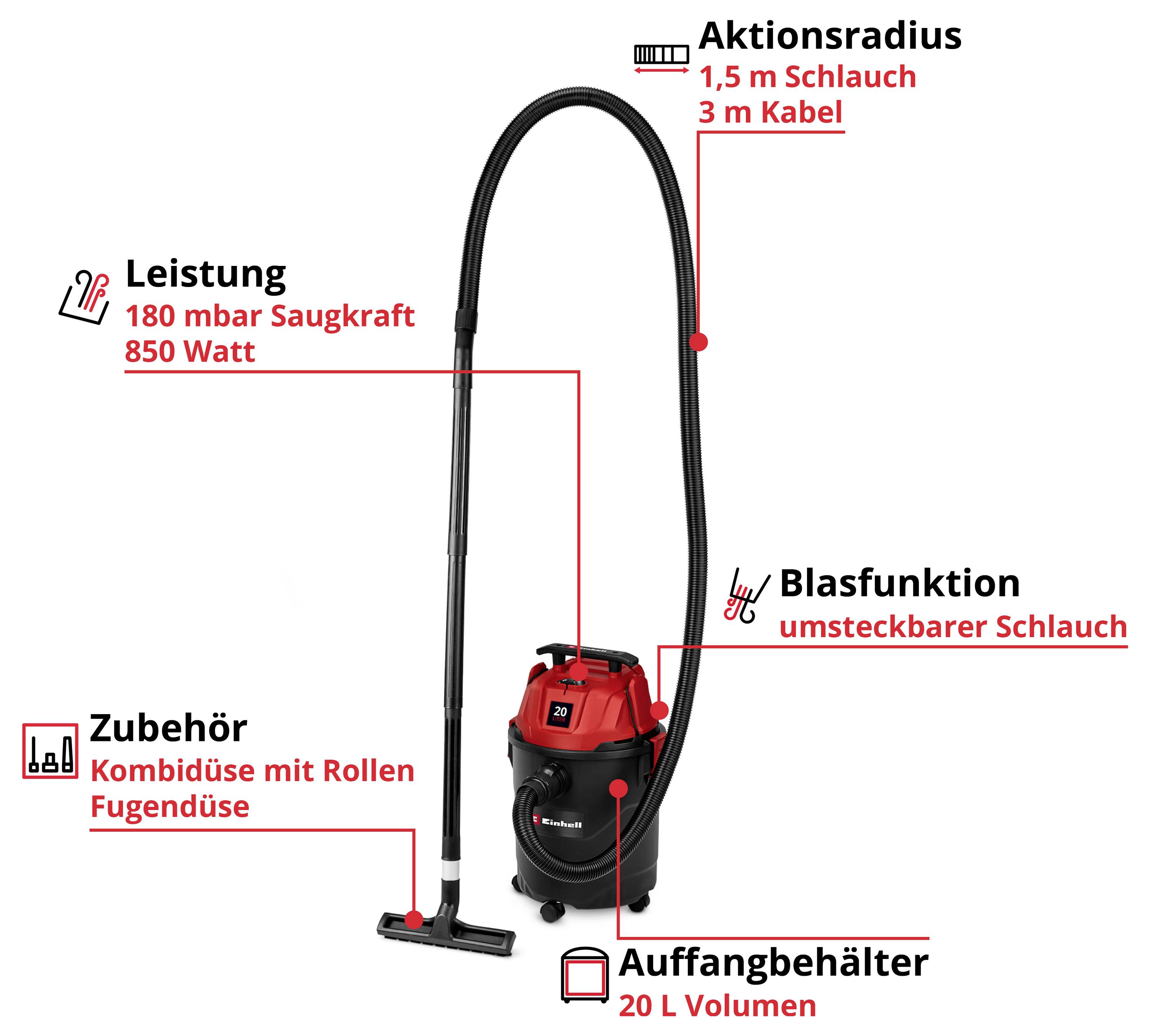 Staubsauger mit 850 Watt Leistung, 180 mbar Saugrakraft, 20 L Auffangbehälter. Ausstattung: 1,5 m Schlauch, 3 m Kabel, Kombidüse.